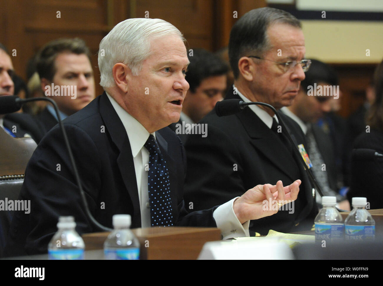 Defense Secretary Robert Gates (L) and Chairman of the Joint Chiefs of Staff Michael Mullen testify before a House Armed Services Committee hearing on the FY2011 national defense budget, in Washington on February 3, 2010.   UPI/Kevin Dietsch Stock Photo