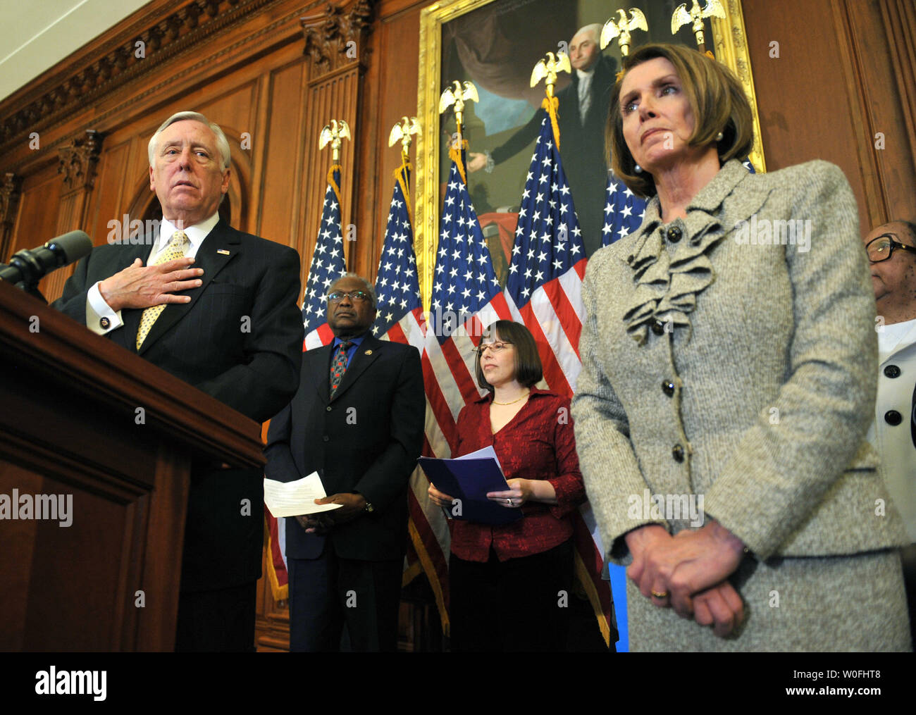 House Majority Leader Steny Hoyer (D-MD) speaks alongside Speaker of the House Nancy Pelosi (D-CA) as he delivers remarks on health care reform in Washington on March 18, 2010. Hoyer was also joined by House Majority Whip Rep. James Clyburn (D-SC) and Kim Moldofsky, a women who is going through medical insurance hardships.    UPI/Kevin Dietsch Stock Photo
