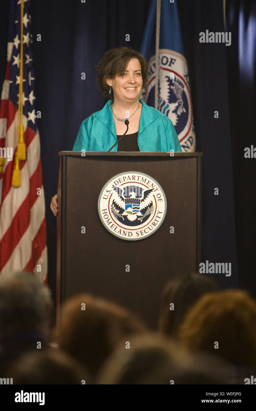 United States Citizen and Immigrant Services Washington District Director Sarah Taylor speaks during a naturalization ceremony commemorating the 30th anniversary of the Refugee Resettlement Act of 1980. 27 new citizens from Egypt, Ethiopia, Iran, Pakistan, Philippines, Sierra Leone, Somalia, Sudan and Vietnam took the Oath of Allegiance in Washington on March 30, 2010.      UPI/Madeline Marshall Stock Photo