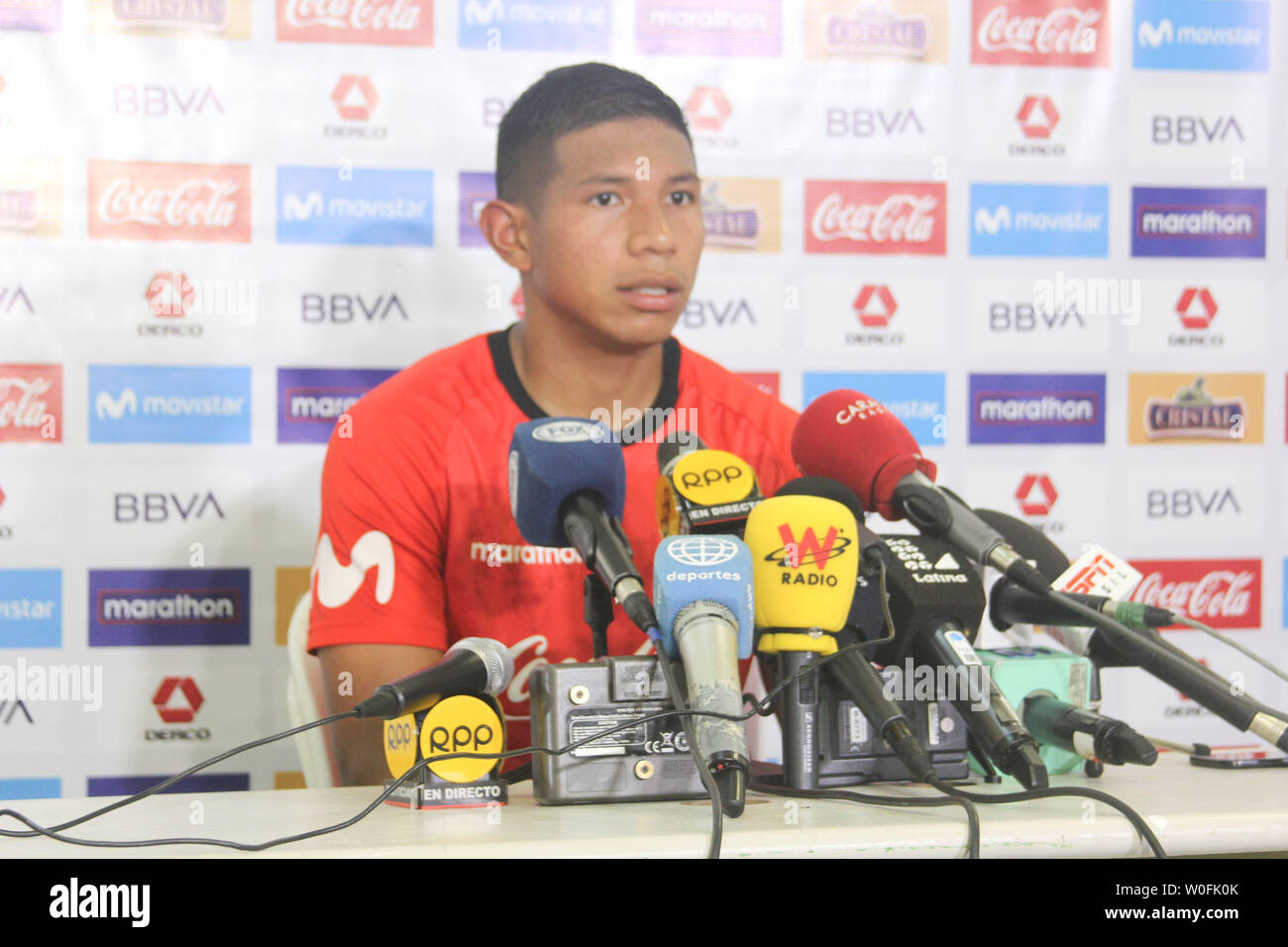 Brazil. 26th June, 2019. Edison Flores Peruvian soccer player gives interview at Pitiuaçu stadium in Salvador- Bahia on Wednesday (26). Peru will play against Uruguay for the quarterfinals of Copa America 2019 games on Saturday (29) at the Arena Fonte Nova stadium. Credit: Niyi Fote/Thenews2/Pacific Press/Alamy Live News Stock Photo