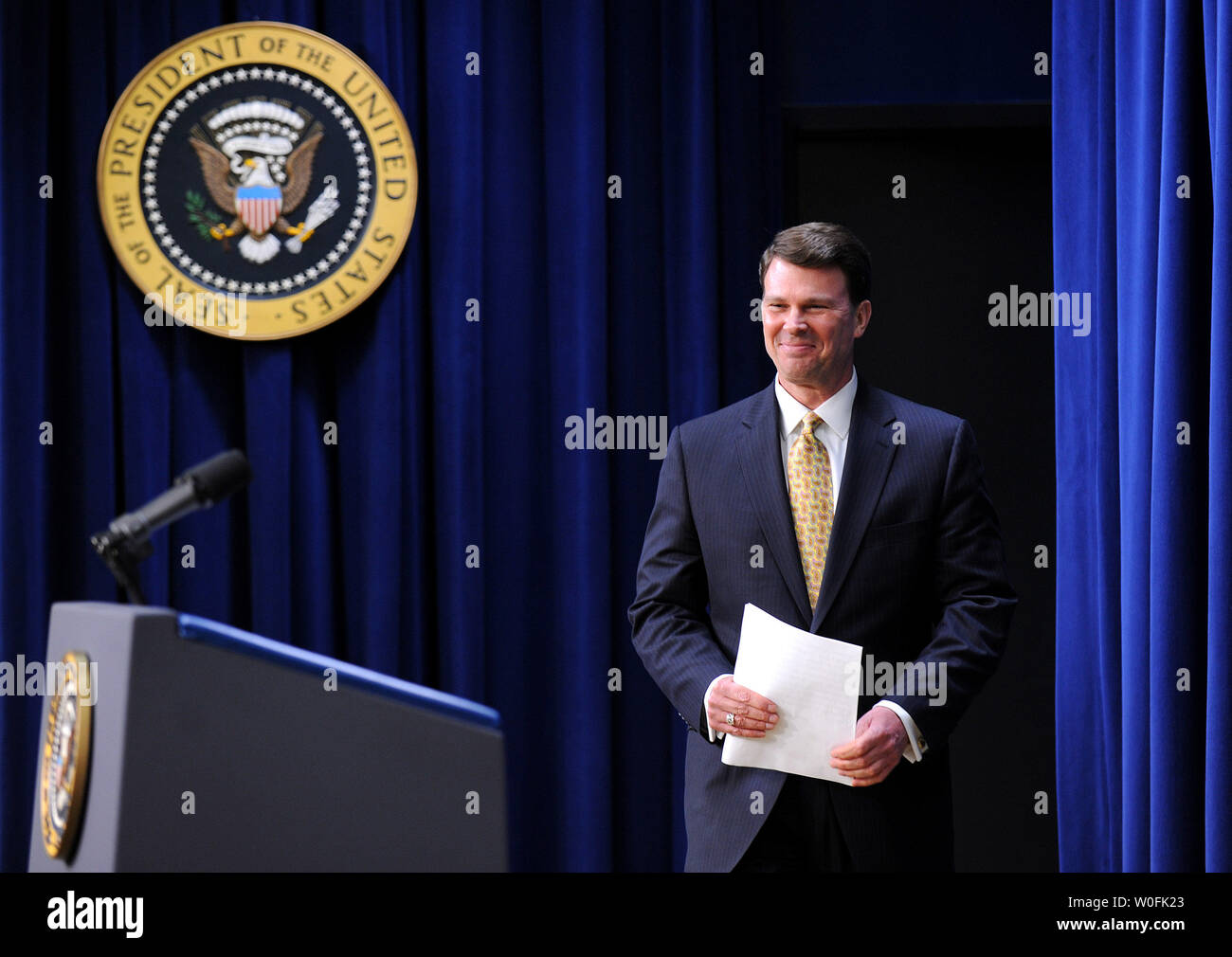 Director of OPM John Berry arrives to deliver remarks at the closing session of the forum for workplace flexibility, in the Eisenhower Executive Office Building in Washington on March 31, 2010. UPI/Kevin Dietsch Stock Photo