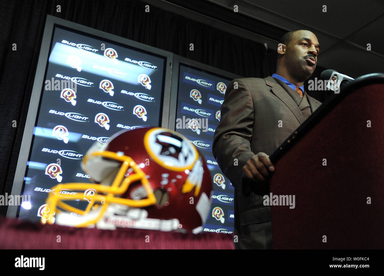 Washington Redskins new quarterback Donovan McNabb speaks to the media after being introduced by head coach Mike Shanahan, at a press conference at Redskins Park in Ashburn, Virginia on April 6, 2010. The Philadelphia Eagles traded McNabb to the Washington Redskins for a pair of draft picks in the upcoming NFL draft. UPI/Kevin Dietsch Stock Photo
