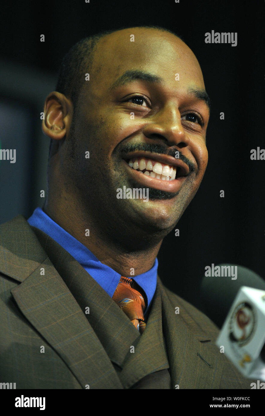 Washington Redskins new quarterback Donovan McNabb speaks to the media after being introduced by head coach Mike Shanahan, at a press conference at Redskins Park in Ashburn, Virginia on April 6, 2010. The Philadelphia Eagles traded McNabb to the Washington Redskins for a pair of draft picks in the upcoming NFL draft. UPI/Kevin Dietsch Stock Photo