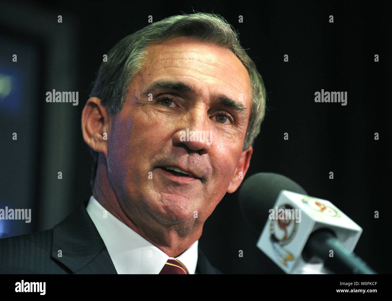 Washington Redskins head coach Mike Shanahan speaks as he introduces Redskins new quarterback Donovan McNabb, at a press conference at Redskins Park in Ashburn, Virginia on April 6, 2010. The Philadelphia Eagles traded McNabb to the Washington Redskins for a pair of draft picks in the upcoming NFL draft. UPI/Kevin Dietsch Stock Photo