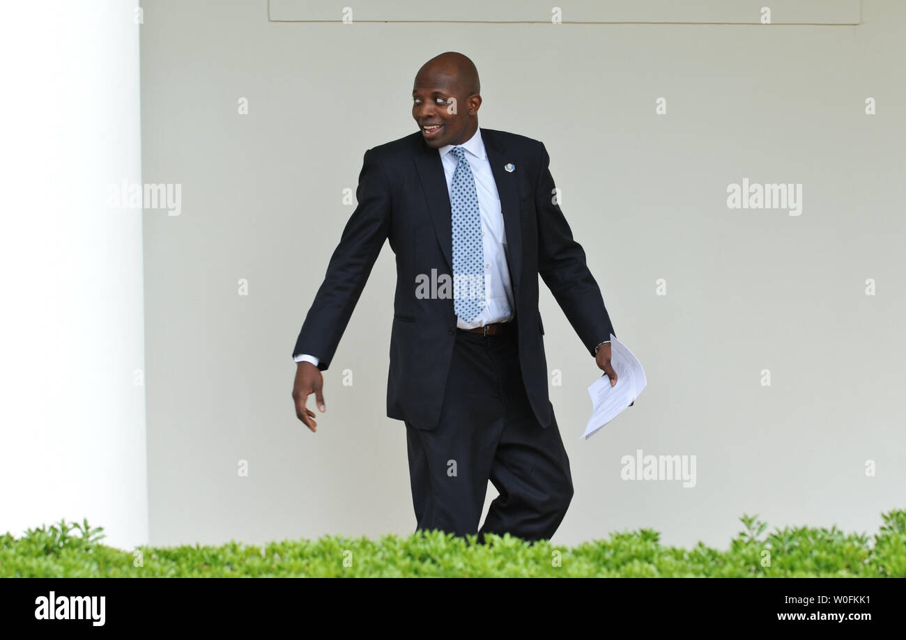 Reggie Love, personal aid to U.S. President Barack Obama walks through the colonnade of the White House in Washington on April 9, 2010.  UPI/Alexis C. Glenn Stock Photo