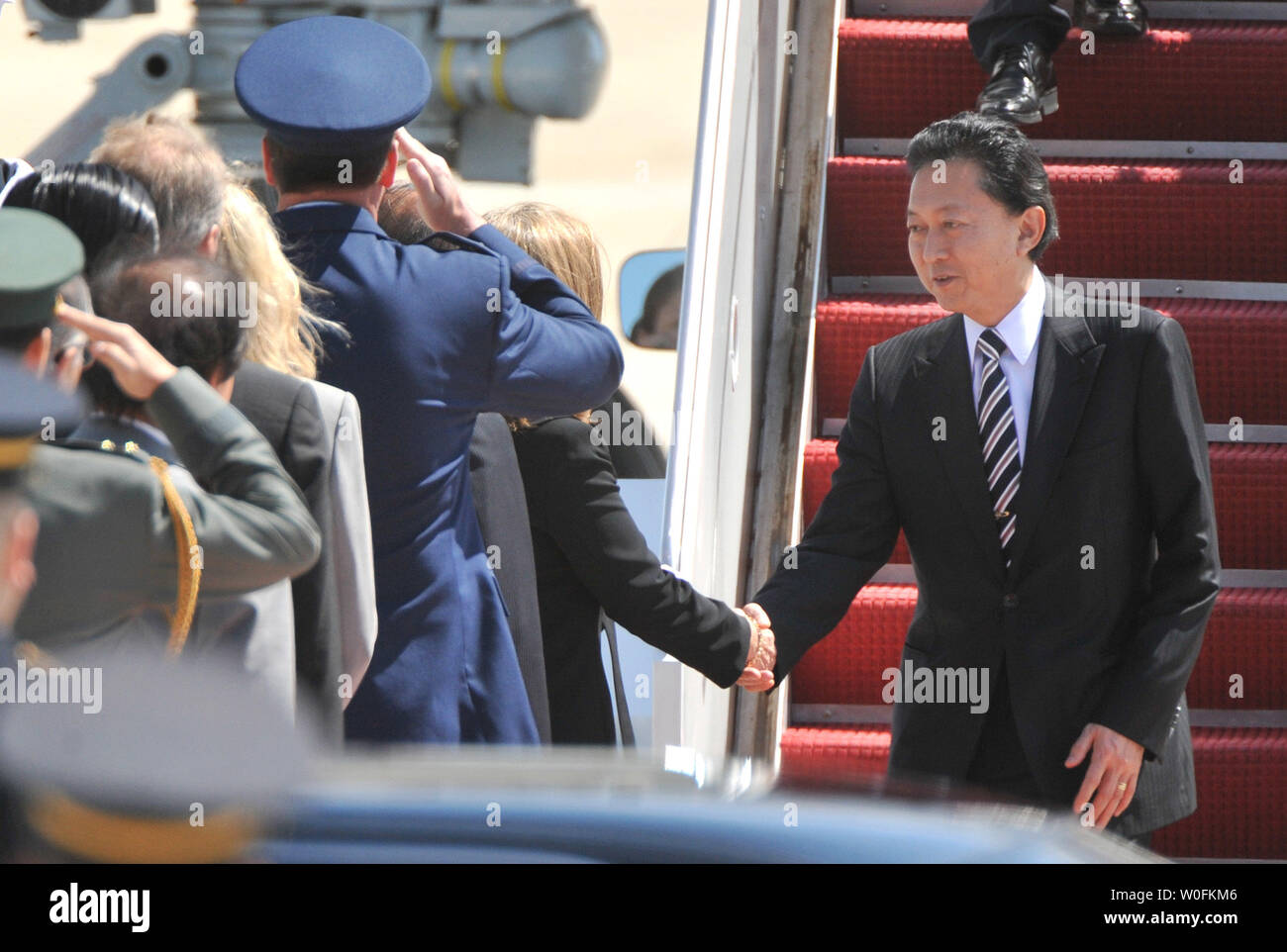 Japanese Prime Minister Yukio Hatoyama arrives for the Nuclear Security Summit, at Andrews Air Force Base, Maryland, April 12, 2010.  UPI/Kevin Dietsch Stock Photo