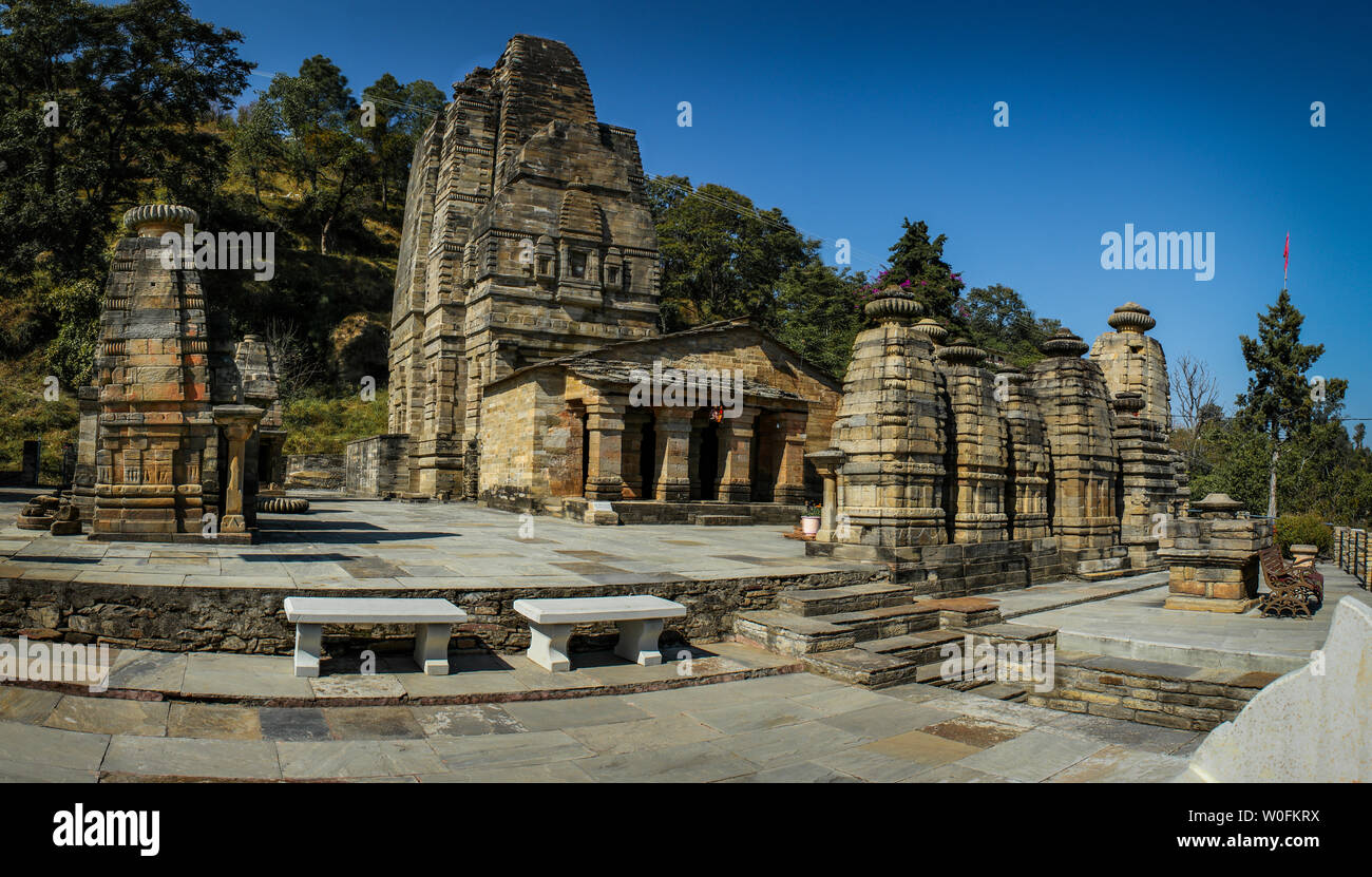 A panorama of Katarmal Sun Temple, Almora. One of the few sun temples in India, this temple was constructed in the middle ages. Stock Photo