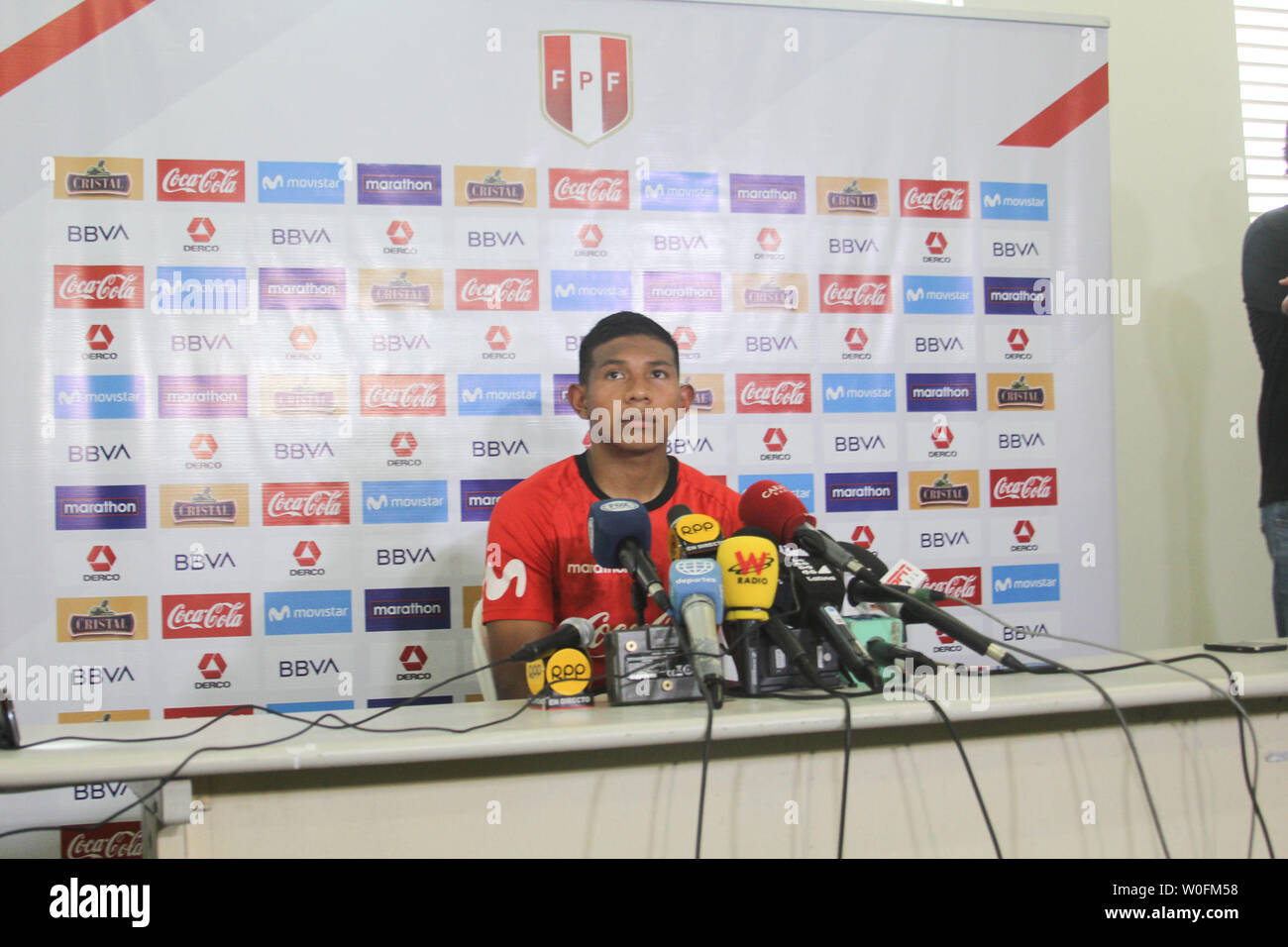 Brazil. 26th June, 2019. Edison Flores Peruvian soccer player gives interview at Pitiuaçu stadium in Salvador- Bahia on Wednesday (26). Peru will play against Uruguay for the quarterfinals of Copa America 2019 games on Saturday (29) at the Arena Fonte Nova stadium. Credit: Niyi Fote/Thenews2/Pacific Press/Alamy Live News Stock Photo