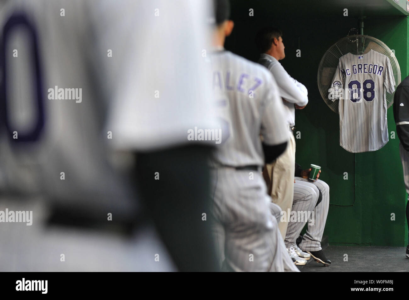 April 30, 2010; San Francisco, CA, USA; A Colorado Rockies jersey in honor  of Keli McGregor hangs in the Rockies dugout before the game against the  San Francisco Giants at AT&T Park.