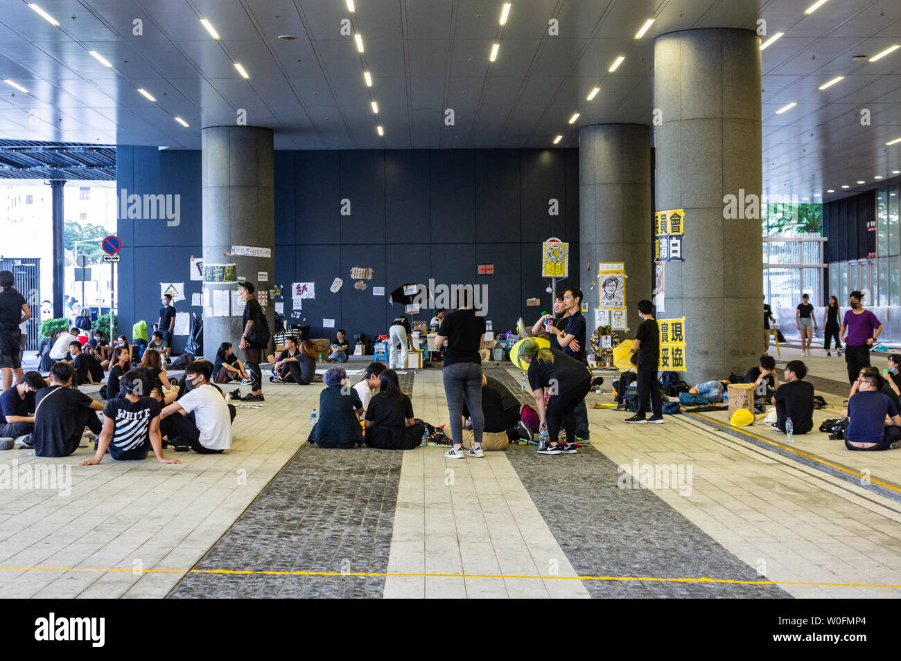 Hong Kong anti extradition protests 2019: protesters at base camp in front of HK government HQ Stock Photo