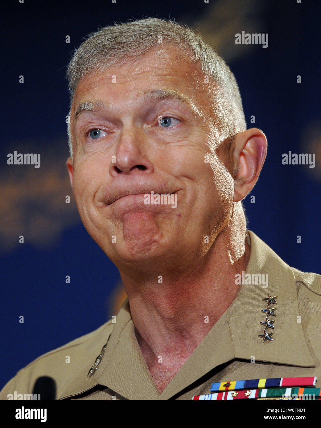 Gen. James Conway, Commandant of the U.S. Marine Corps, speaks during the Navy League Sea-Air-Space Exposition at National Harbor, Maryland, on May 3, 2010.   UPI/Roger L. Wollenberg Stock Photo