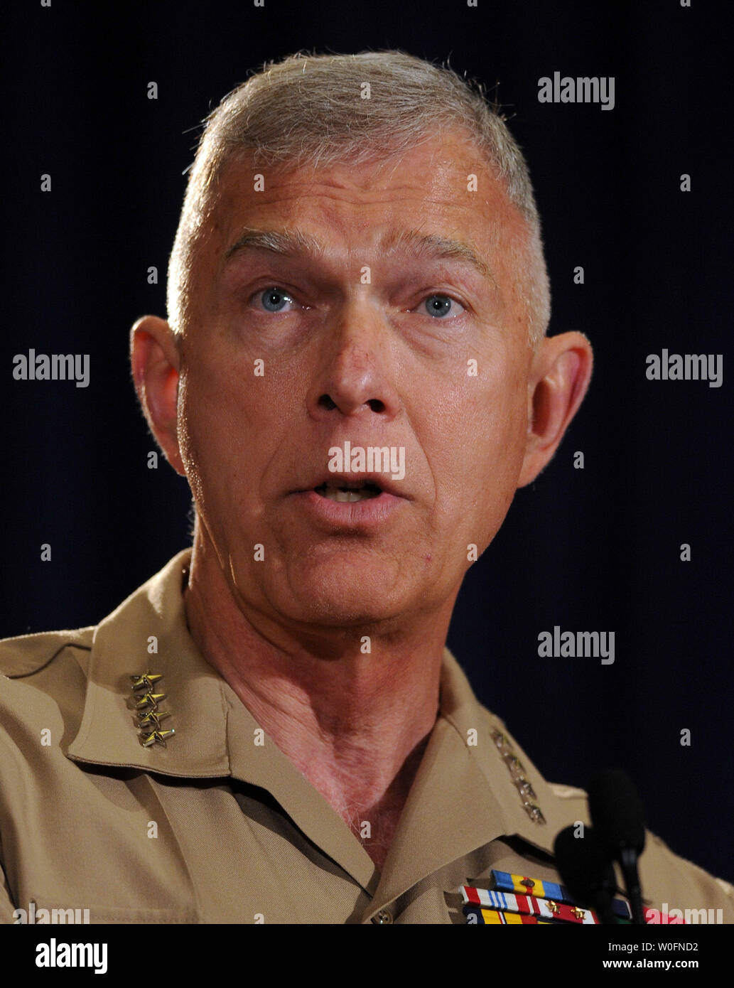 Gen. James Conway, Commandant of the U.S. Marine Corps, speaks during the Navy League Sea-Air-Space Exposition at National Harbor, Maryland, on May 3, 2010.   UPI/Roger L. Wollenberg Stock Photo