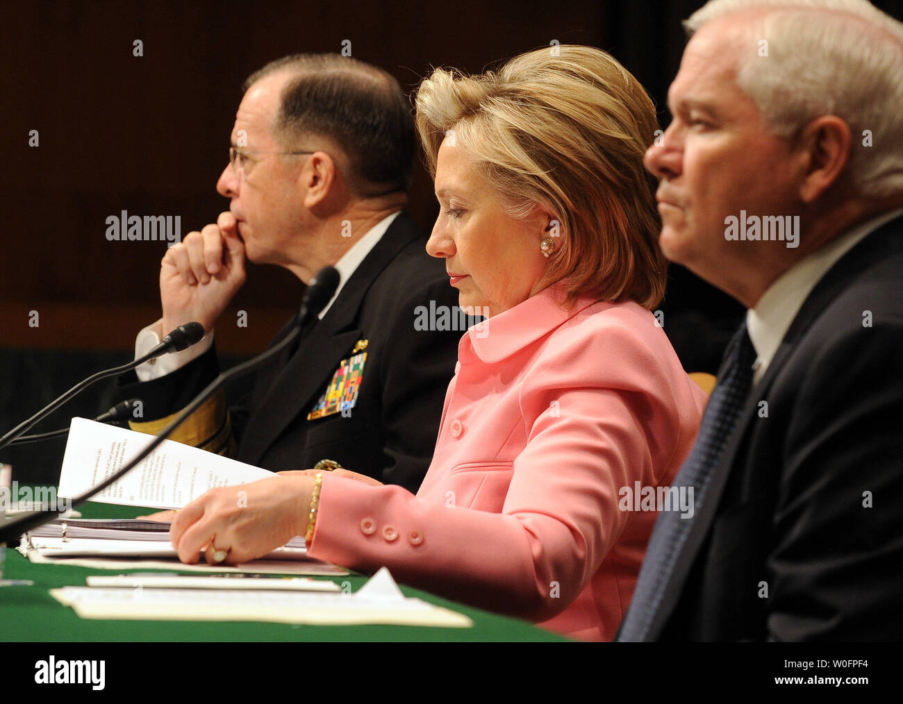 Chairman of the Joint Chiefs of Staff Adm. Michael Mullen, Secretary of State Hillary Rodham Clinton and Secretary of Defense Robert Gates (L to R) testify before the Senate Foreign Relations Committee regarding the new START treaty on Capitol Hill in Washington on May 18, 2010. The Strategic Arms Reduction Treaty (START) between the U.S. and Russia, aimed at reducing nuclear arms, was signed in Prague on April 8, 2010.   UPI/Roger L. Wollenberg Stock Photo