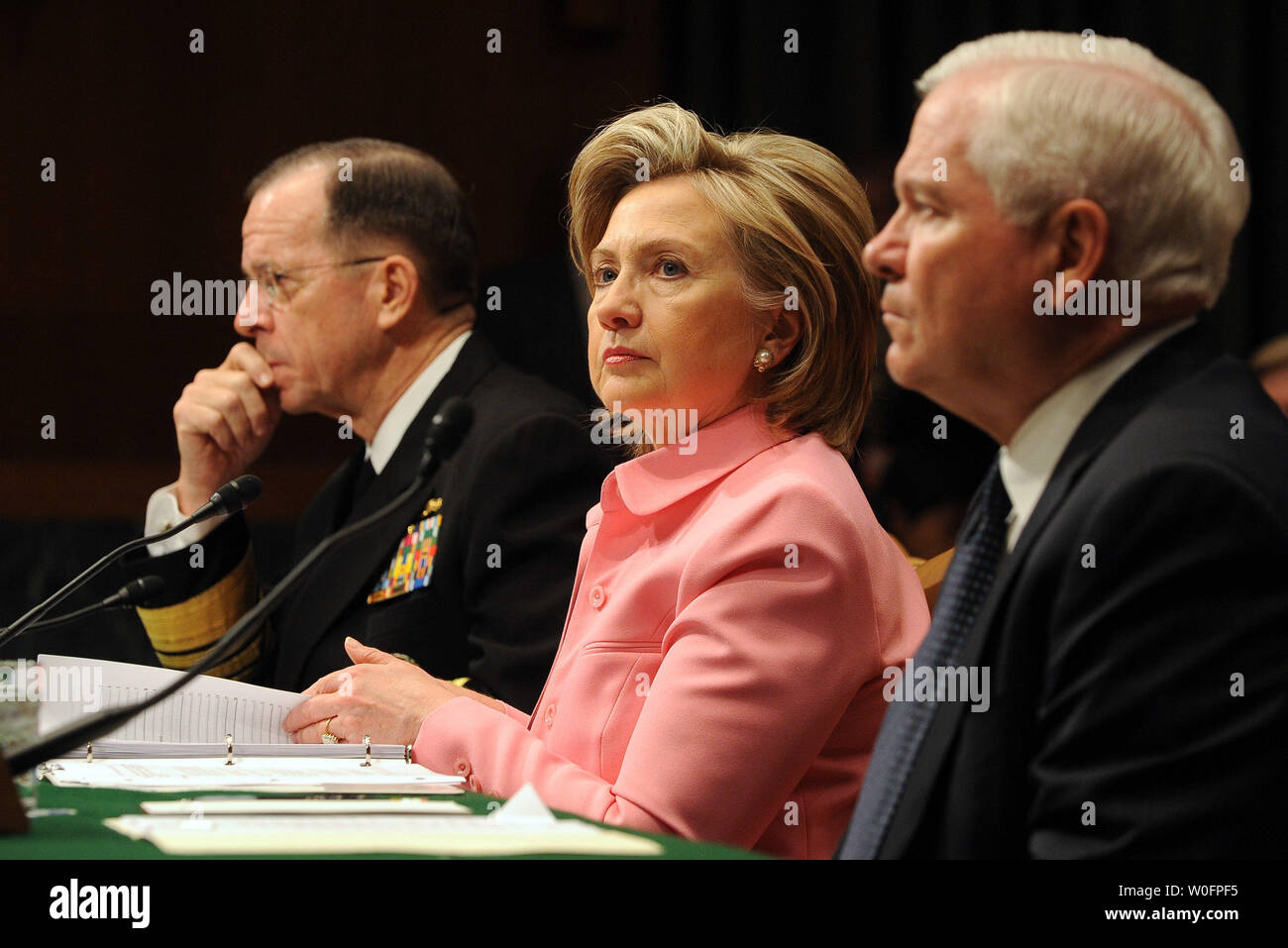 Chairman of the Joint Chiefs of Staff Adm. Michael Mullen, Secretary of State Hillary Rodham Clinton and Secretary of Defense Robert Gates (L to R) testify before the Senate Foreign Relations Committee regarding the new START treaty on Capitol Hill in Washington on May 18, 2010. The Strategic Arms Reduction Treaty (START) between the U.S. and Russia, aimed at reducing nuclear arms, was signed in Prague on April 8, 2010.   UPI/Roger L. Wollenberg Stock Photo