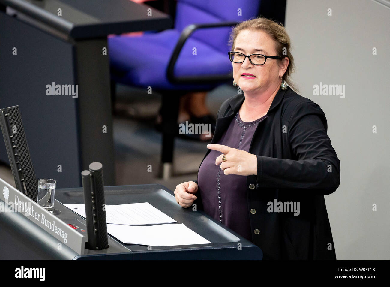 Berlin, Germany. 27th June, 2019. Katrin Budde (SPD), member of the German Bundestag, speaks in the plenum in the Bundestag. On the agenda are, among other things, the reform of the property tax, the change of the citizenship law, a current hour on measures against hatred and right-wing extremist violence and the investigative committee of the Treuhandanstalt. Credit: Christoph Soeder/dpa/Alamy Live News Stock Photo