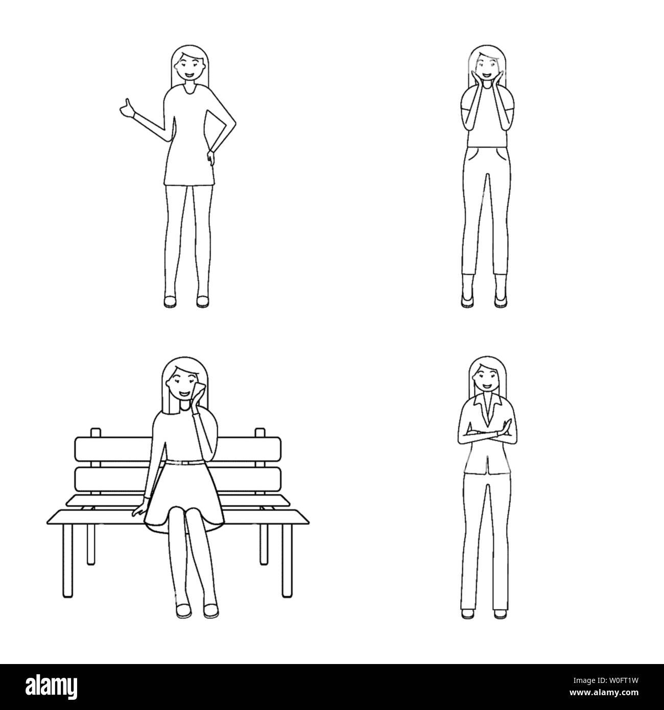 Vector illustration of posture and mood sign. Set of posture and female ...