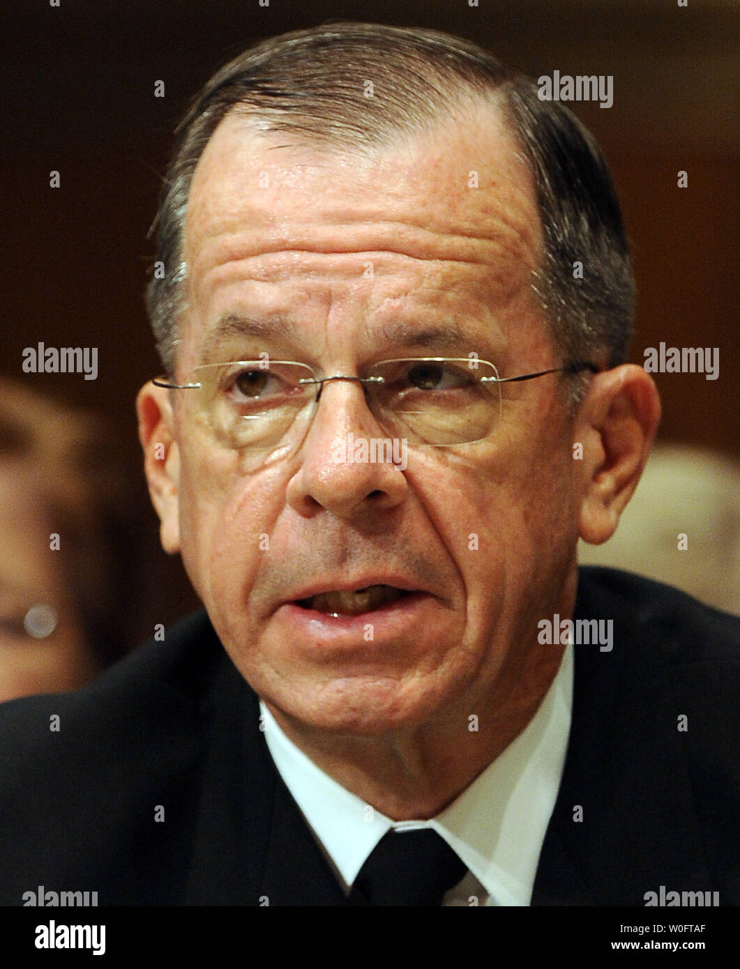 Chairman of the Joint Chiefs of Staff Adm. Michael Mullen testifies before the Senate Armed Services Committee regarding the new Strategic Arms Reduction Treaty (START) with Russia, aimed at reducing strategic nuclear arms, on Capitol Hill in Washington on June 17, 2010.    UPI/Roger L. Wollenberg Stock Photo