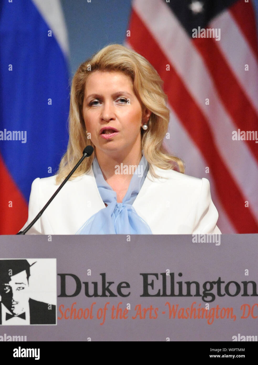 First Lady of Russia Svetlana Medvedeva speaks after she watched a music and dance performance at the Duke Ellington School of the Arts in Washington on June 24, 2010. UPI/Alexis C. Glenn Stock Photo