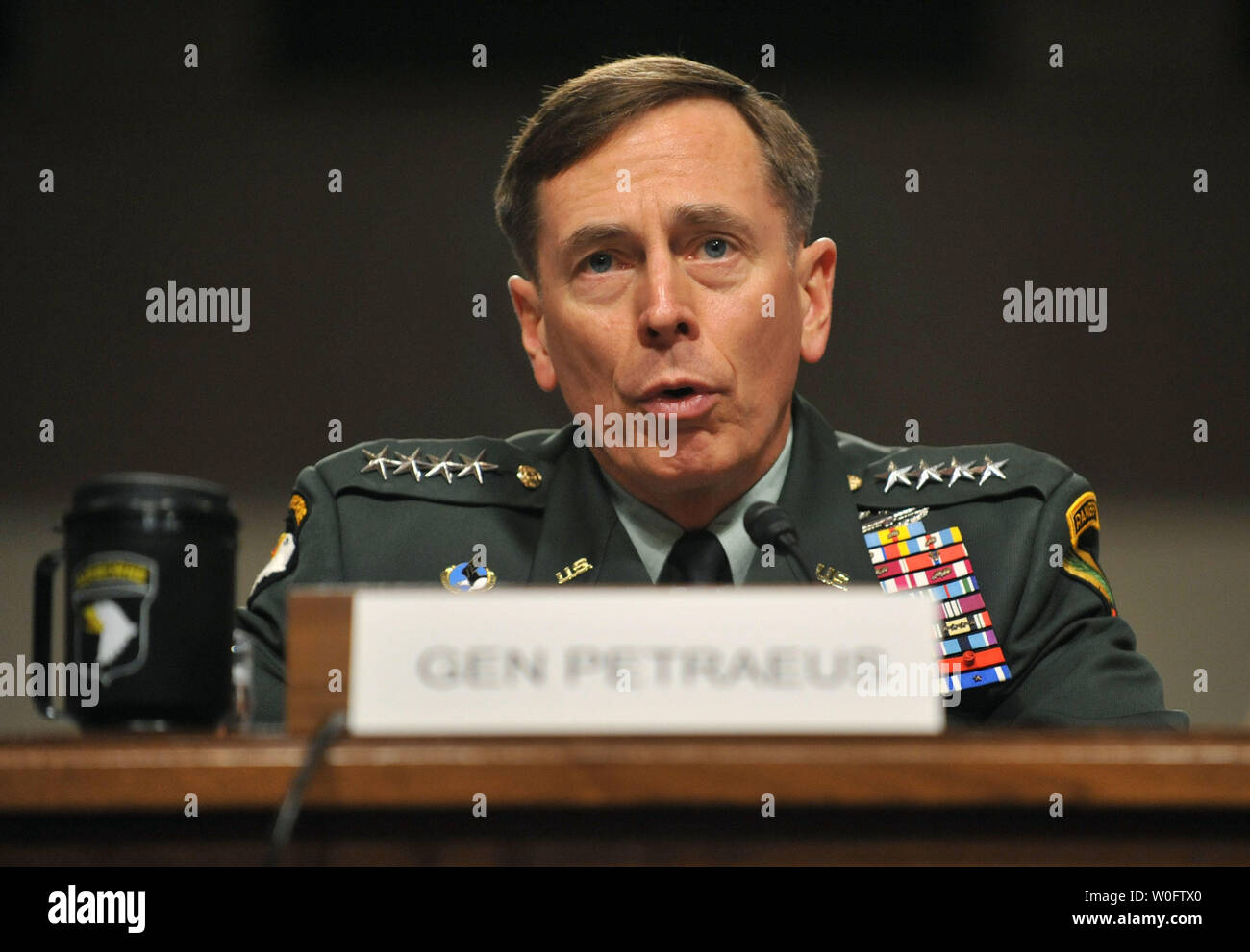 Gen. David Petraeus testifies during his confirmation hearing before the Senate Armed Services Committee to be reapportioned as commander of the International Security Assistance Force and U.S. Forces Afghanistan, on Capitol Hill in Washington on June 29, 2010.   UPI/Kevin Dietsch Stock Photo