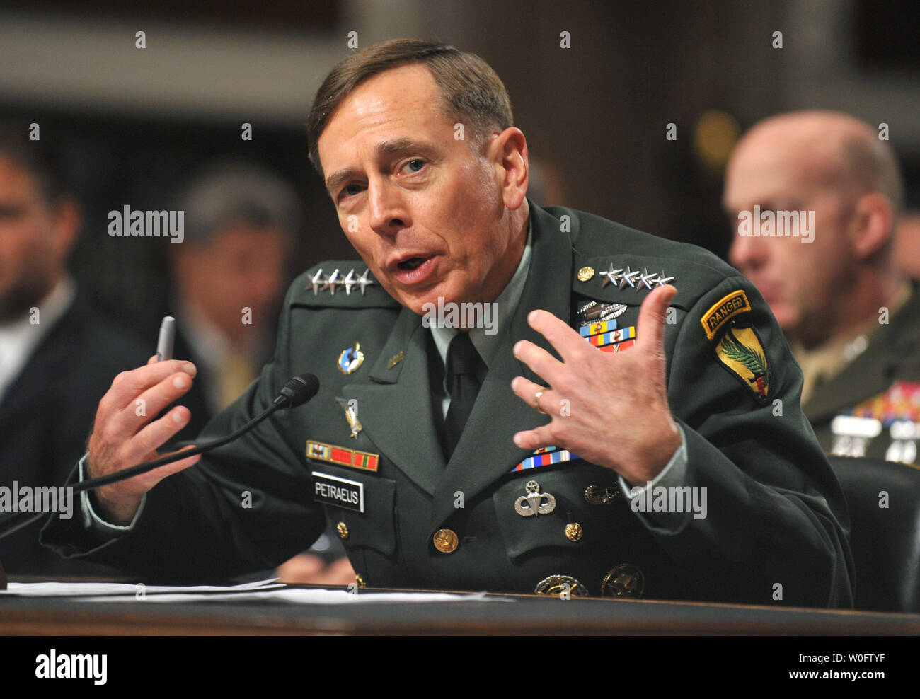Gen. David Petraeus testifies during his confirmation hearing before the Senate Armed Services Committee to be reapportioned as commander of the International Security Assistance Force and U.S. Forces Afghanistan, on Capitol Hill in Washington on June 29, 2010.   UPI/Kevin Dietsch Stock Photo