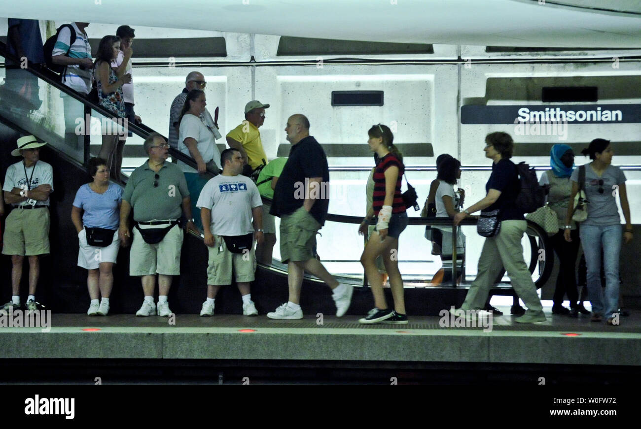 Tourists wait for a Metro train on the platform at the Smithsonian Station near the National Mall in Washington on July 3, 2010. UPI/Alexis C. Glenn Stock Photo