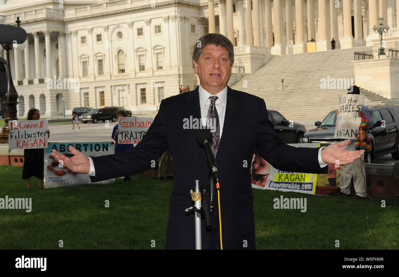 Anti-abortionist Randall Terry speaks during a small rally calling for Sen. Lindsey Graham, R-SC, and other Republicans to block Supreme Court nominee Elena Kagan on Capitol Hill in Washington on August 4, 2010.    UPI/Roger L. Wollenberg Stock Photo