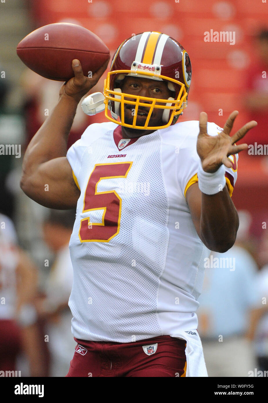 Washington Redskins' quarterback Donovan McNabb warms-up prior to the Redskins pre-season game against the Buffalo Bills at FedEx Field in Washington on August 13, 2010.   UPI/Kevin Dietsch Stock Photo