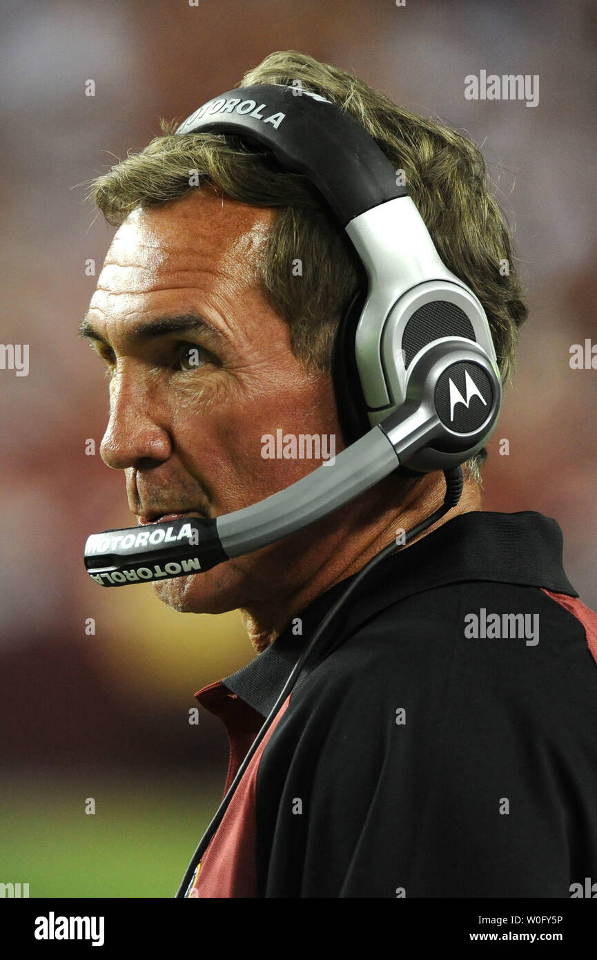 Washington Redskins' head coach Mike Shanahan watches as his team plays the Buffalo Bills' during their first pre-season game at FedEx Field in Washington on August 13, 2010.   UPI/Kevin Dietsch Stock Photo