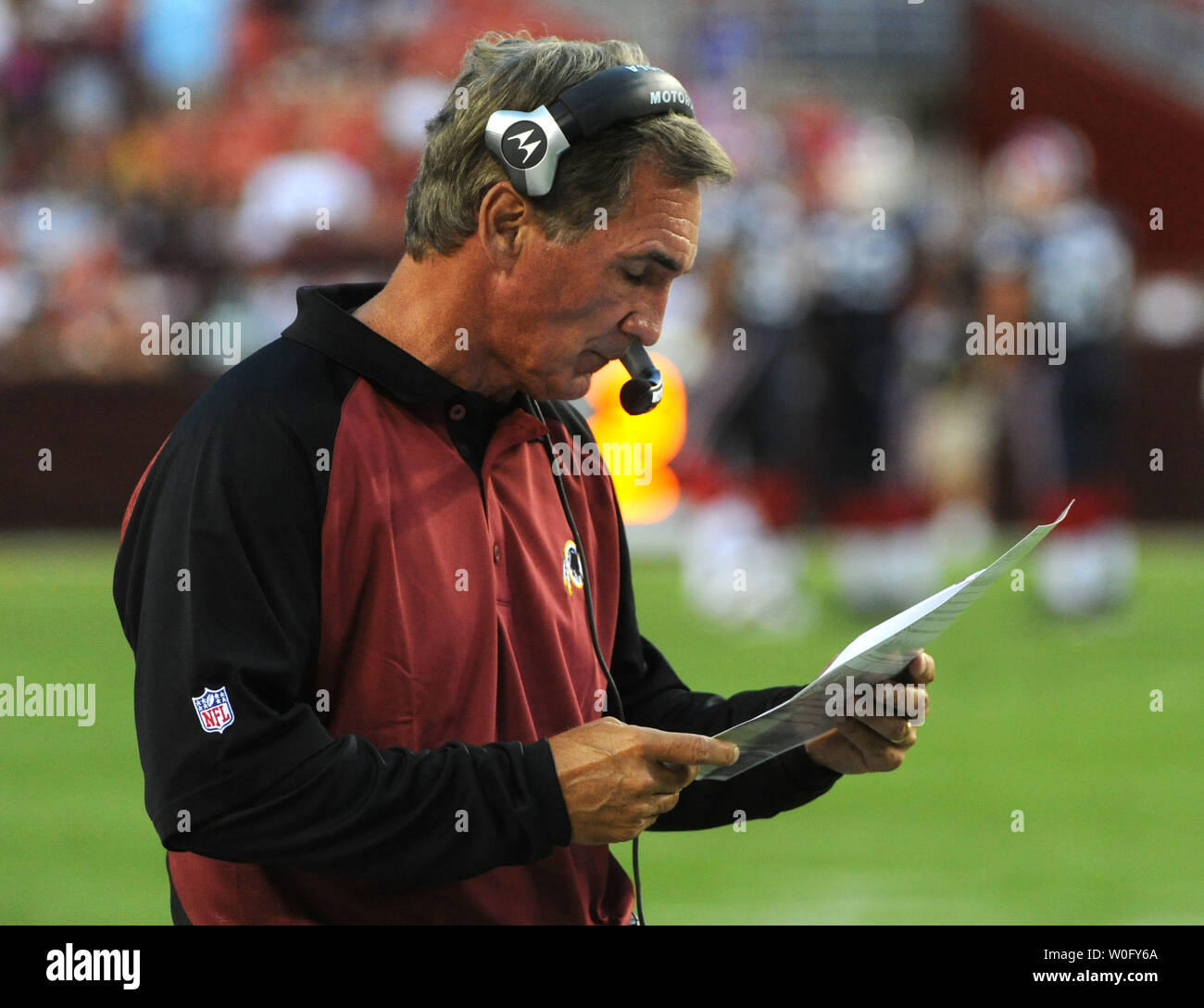 Washington Redskins' head coach Mike Shanahan coaches his team as they play their first pre-season game against the Buffalo Bills' at FedEx Field in Washington on August 13, 2010.   UPI/Kevin Dietsch Stock Photo