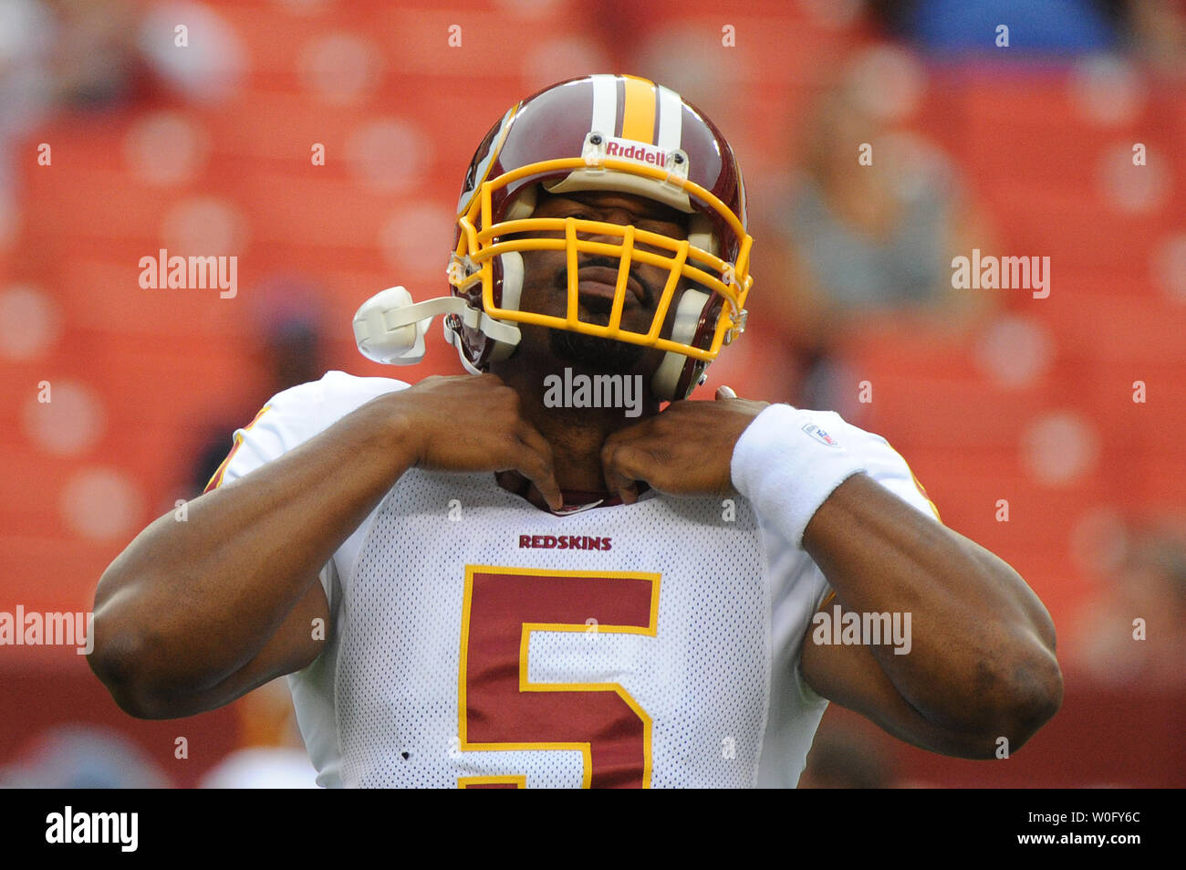 Washington Redskins' quarterback Donovan McNabb warms-up prior to the Redskins pre-season game against the Buffalo Bills at FedEx Field in Washington on August 13, 2010.   UPI/Kevin Dietsch Stock Photo