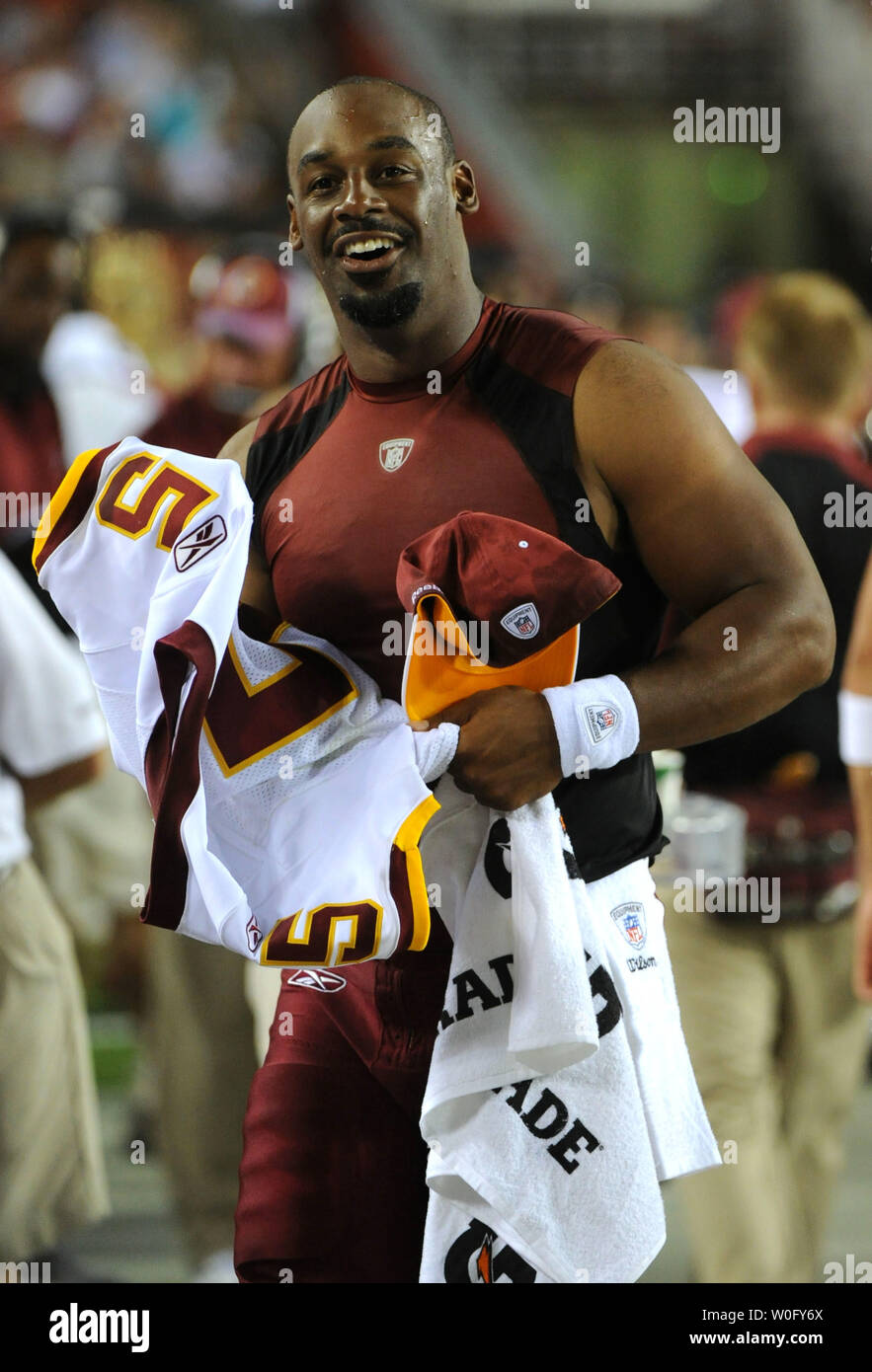Washington Redskins' quarterback Donovan McNabb is seen on the sidelines as the Redskins play a pre-season game against the Buffalo Bills at FedEx Field in Washington on August 13, 2010.   UPI/Kevin Dietsch Stock Photo