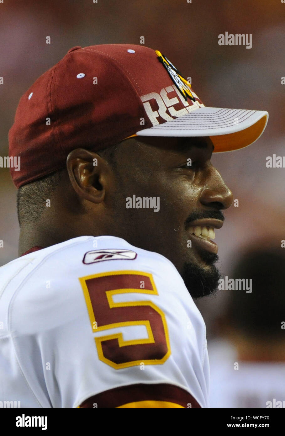 Washington Redskins' quarterback Donovan McNabb is seen on the sidelines as the Redskins play a pre-season game against the Buffalo Bills at FedEx Field in Washington on August 13, 2010.   UPI/Kevin Dietsch Stock Photo