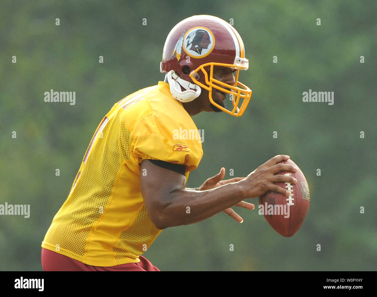 Washington Redskins quarterback Donovan McNabb drops back to pass during the last day of Redskins training camp at Redskins Park in Ashburn, Virginia, August 19, 2010. UPI/Kevin Dietsch Stock Photo
