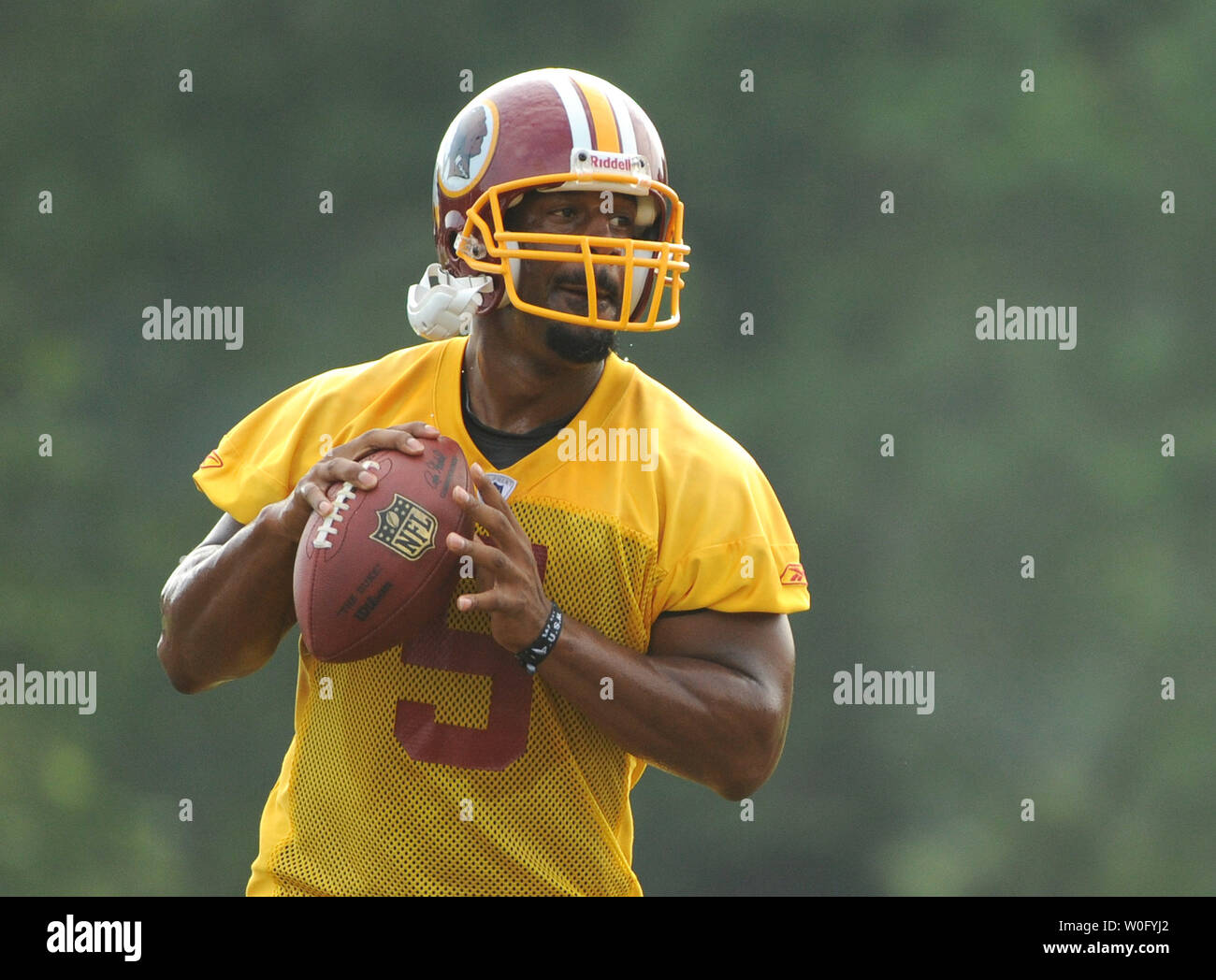 Washington Redskins quarterback Donovan McNabb drops back to pass during the last day of Redskins training camp at Redskins Park in Ashburn, Virginia, August 19, 2010. UPI/Kevin Dietsch Stock Photo