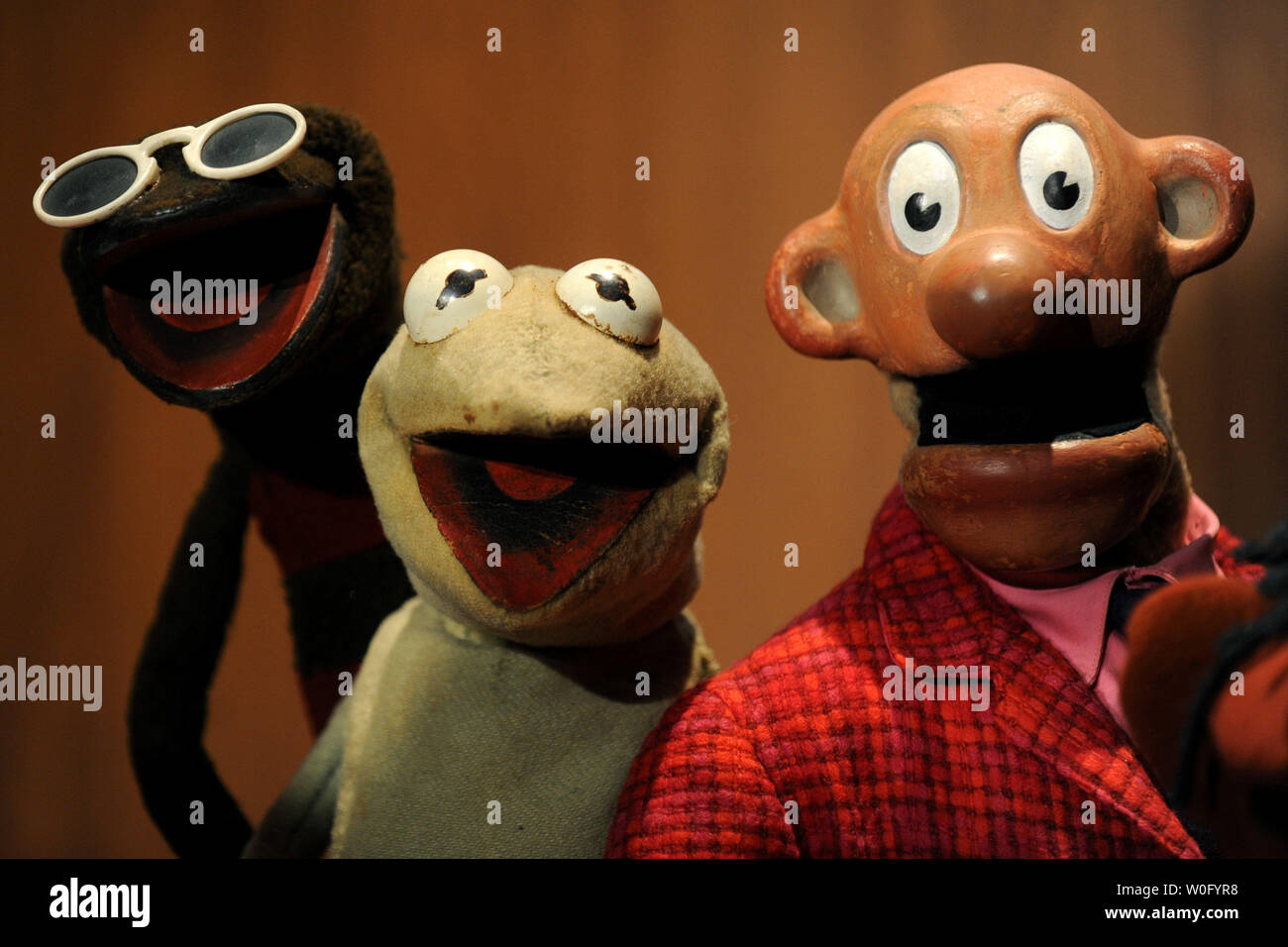 Puppets from Jim Henson's television show "Sam and Friends," including the original Kermit (C), are seen on display during a donation ceremony at the Smithsonian's National Museum of American History in Washington on August 25, 2010. The Jim Henson Legacy donated the puppets for the Smithsonian's permanent entertainment collection.    UPI/Kevin Dietsch Stock Photo