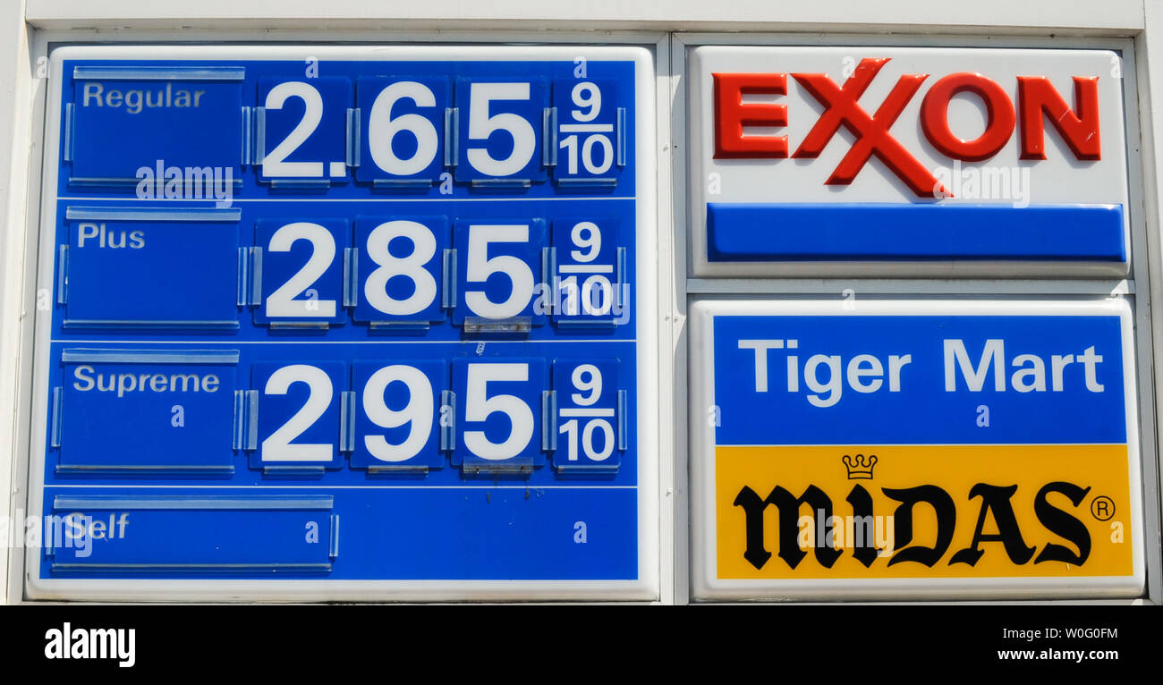 The sign of an Exxon gas station is seen in Arlington, Virginia on September 8, 2010. UPI/Alexis C. Glenn Stock Photo