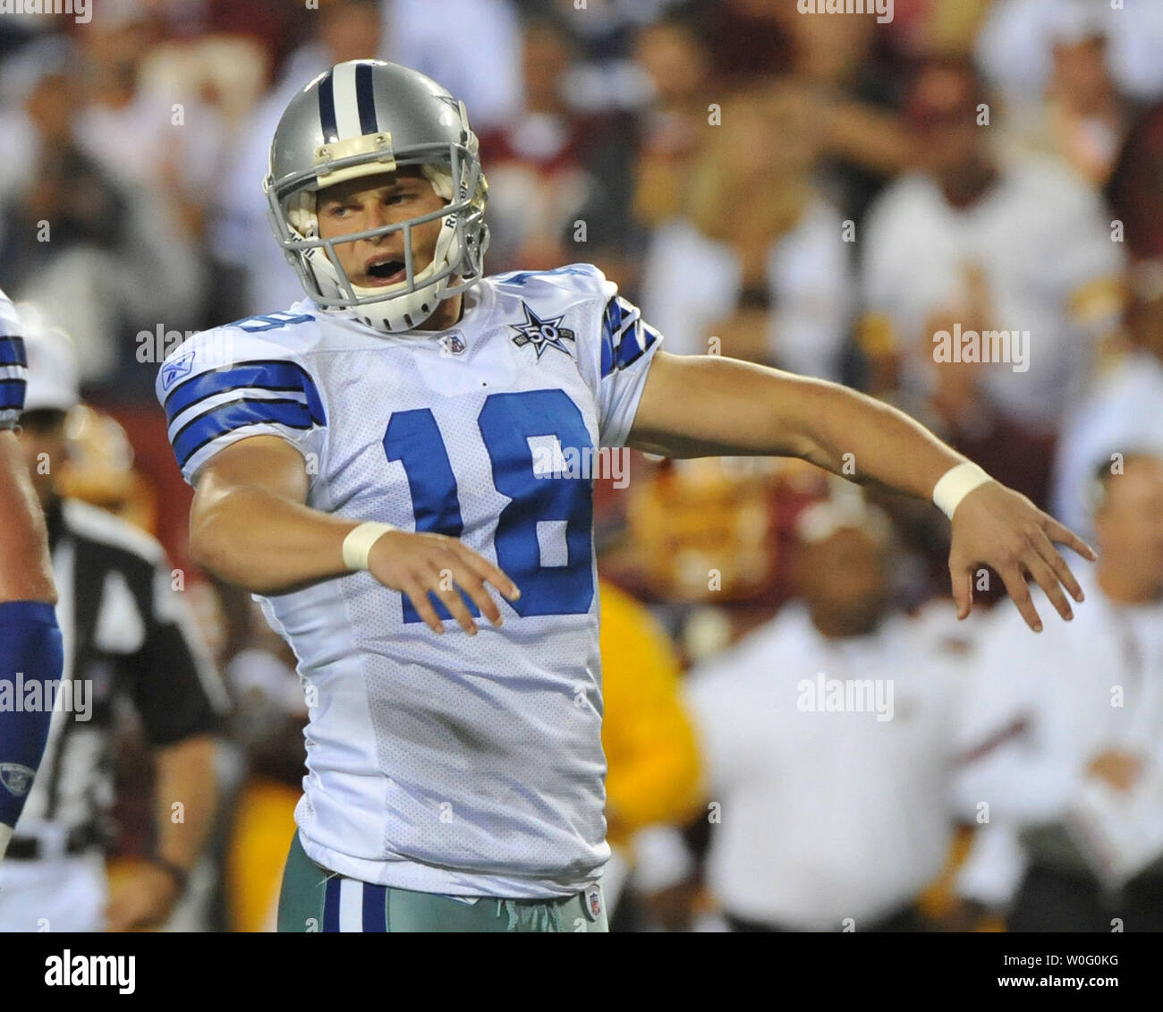 Oct. 31, 2010 - Arlington, Texas, United States of America - Dallas Cowboys  place kicker David Buehler #18 lines up for the PAT during game action as  the Jacksonville Jaguars rout the