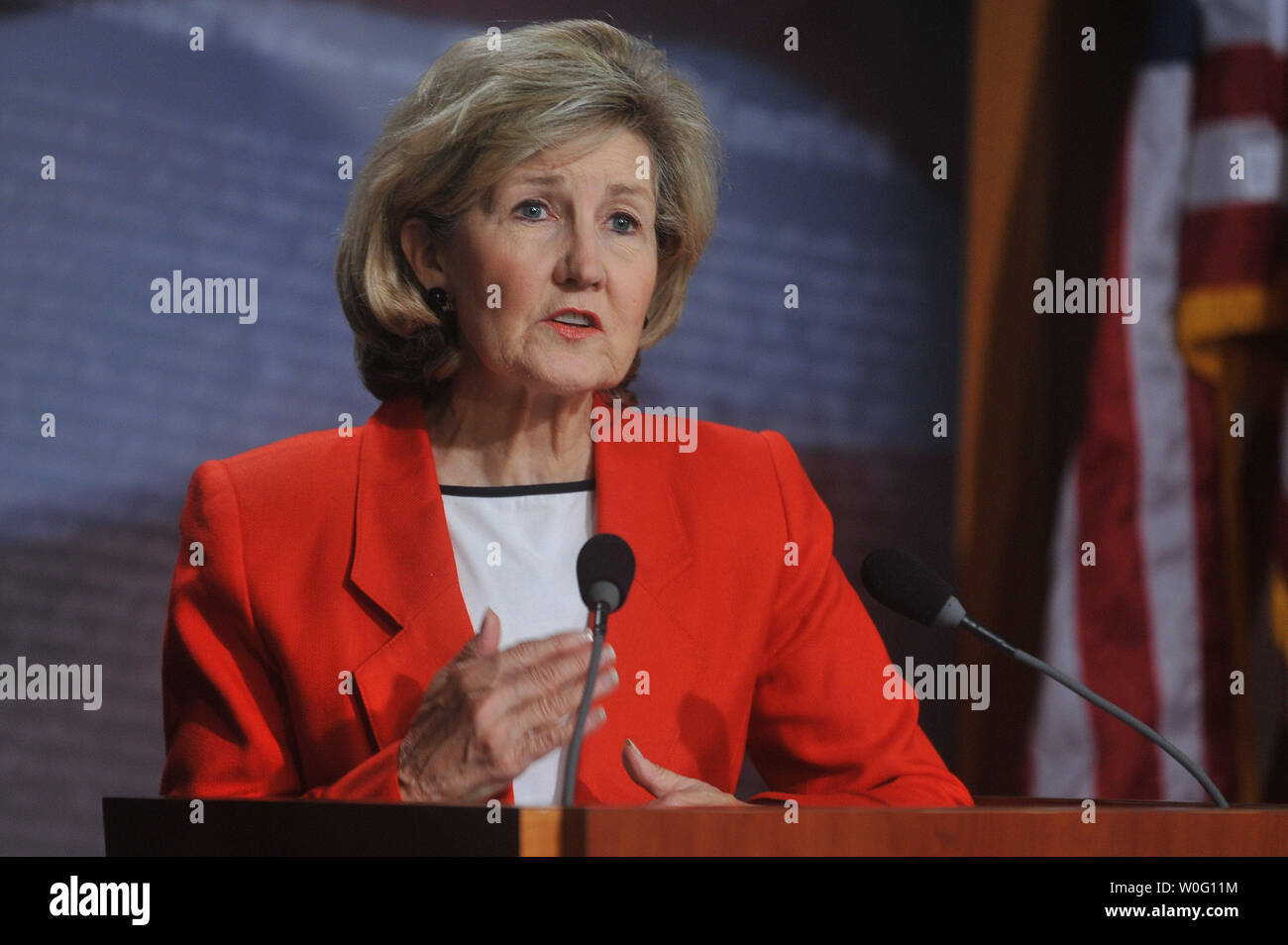 Sen. Kay Bailey Hutchison (R-TX) speaks at a press conference on the Sessions-McCaskill spending freeze bill, on Capitol Hill in Washington on September 16, 2010.   UPI/Kevin Dietsch Stock Photo