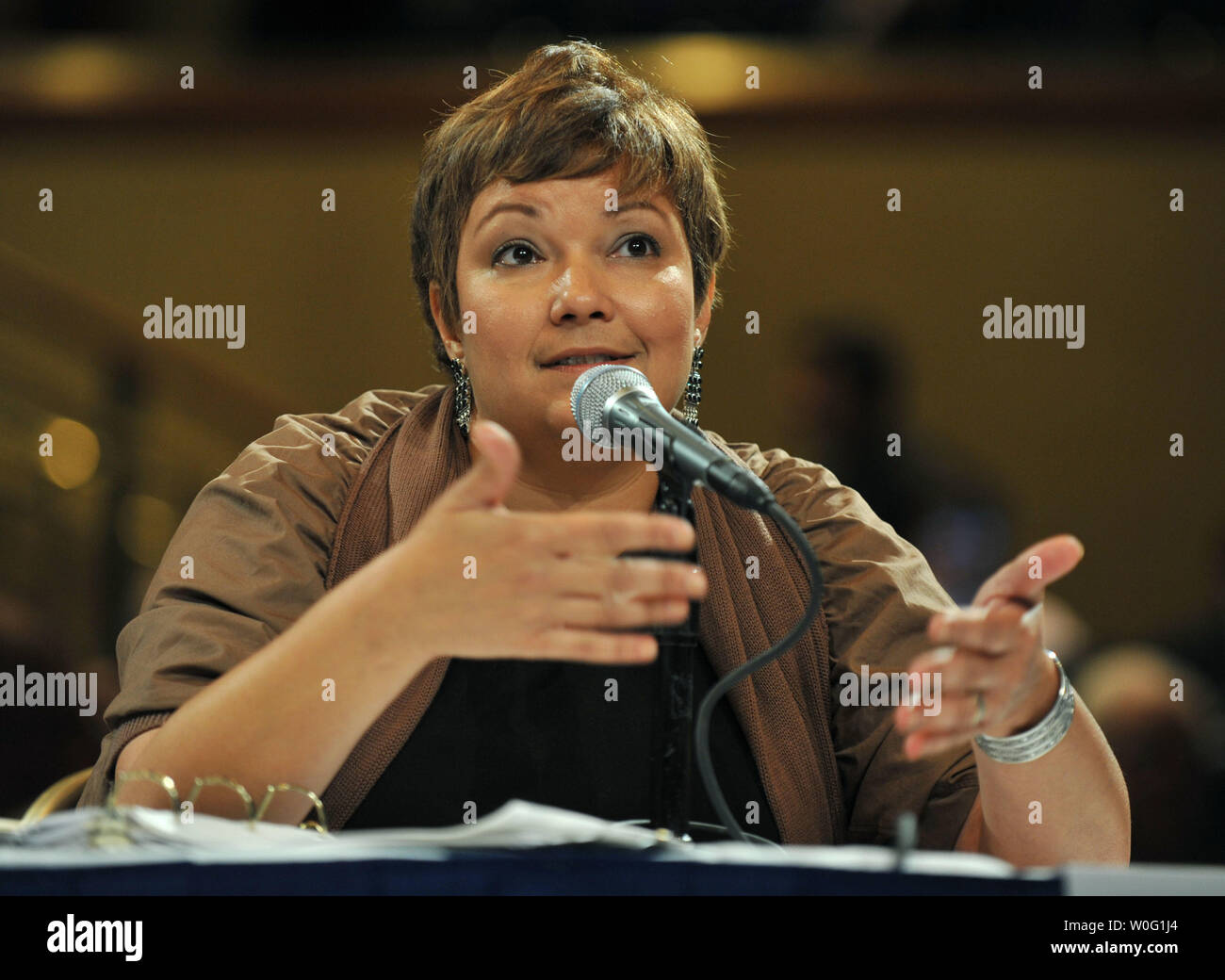 EPA Administrator Lisa Jackson participates in a panel discussion on the use of dispersants during a public hearing on the response to the BP Deepwater Horizon oil spill, in Washington on September, 27, 2010.   UPI/Kevin Dietsch Stock Photo