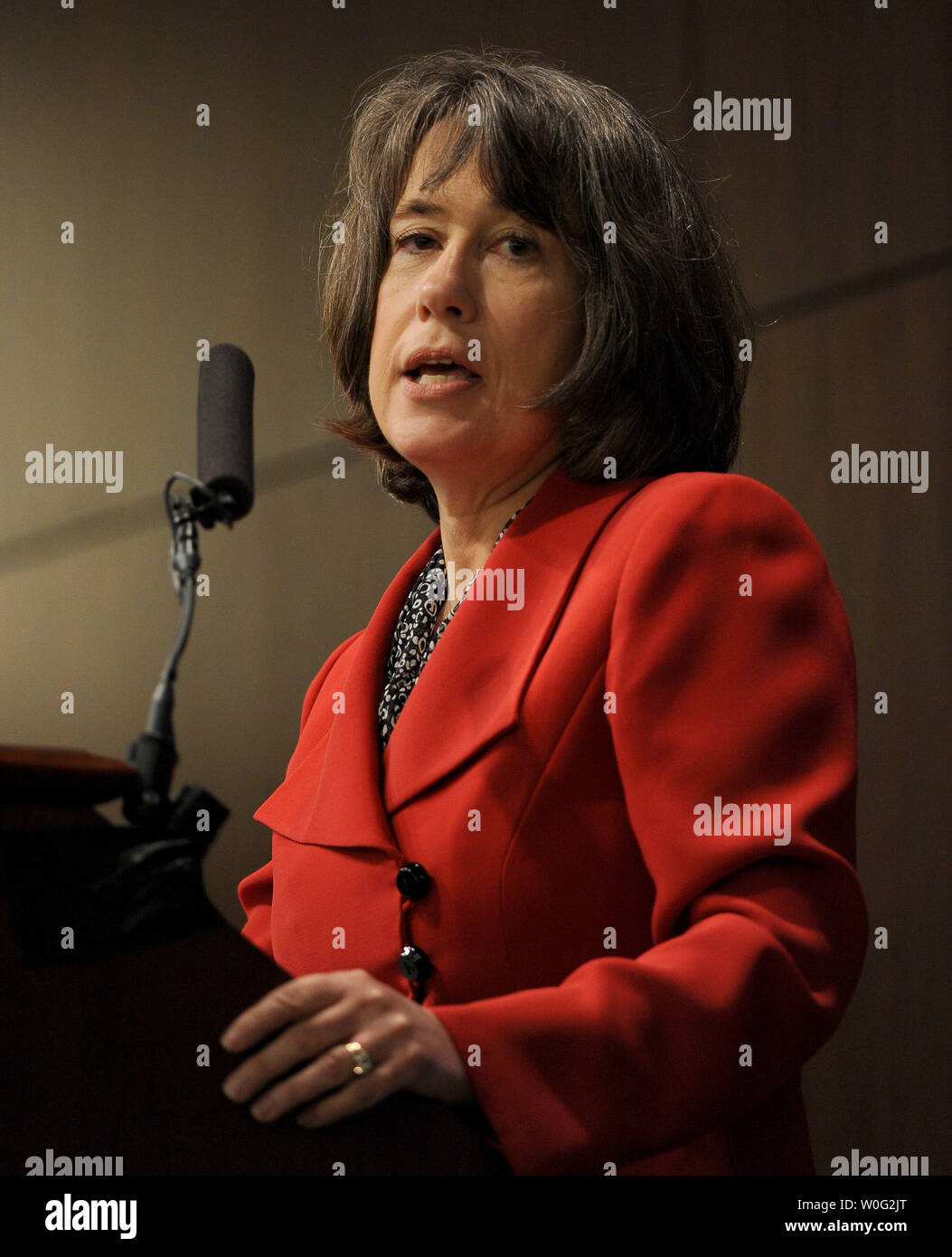FDIC Chair Sheila Bair speaks during a Federal Deposit Insurance Corporation (FDIC) Symposium on "Mortgages and the Future of Housing Finance" in Arlington, Virginia, on October 25, 2010.     UPI/Roger L. Wollenberg Stock Photo