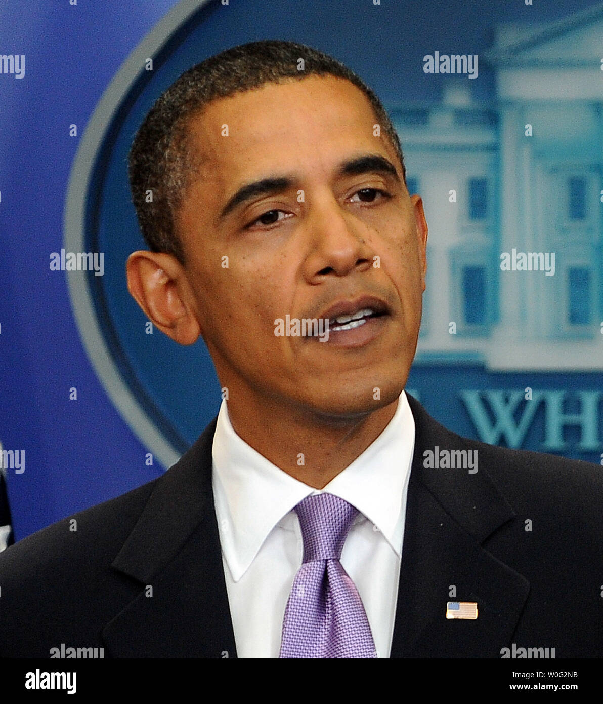U.S. President Barack Obama makes a statement regarding bomb material found on cargo planes in the Brady Press Briefing Room of the White House in Washington on October 29, 2010.       UPI/Roger L. Wollenberg Stock Photo