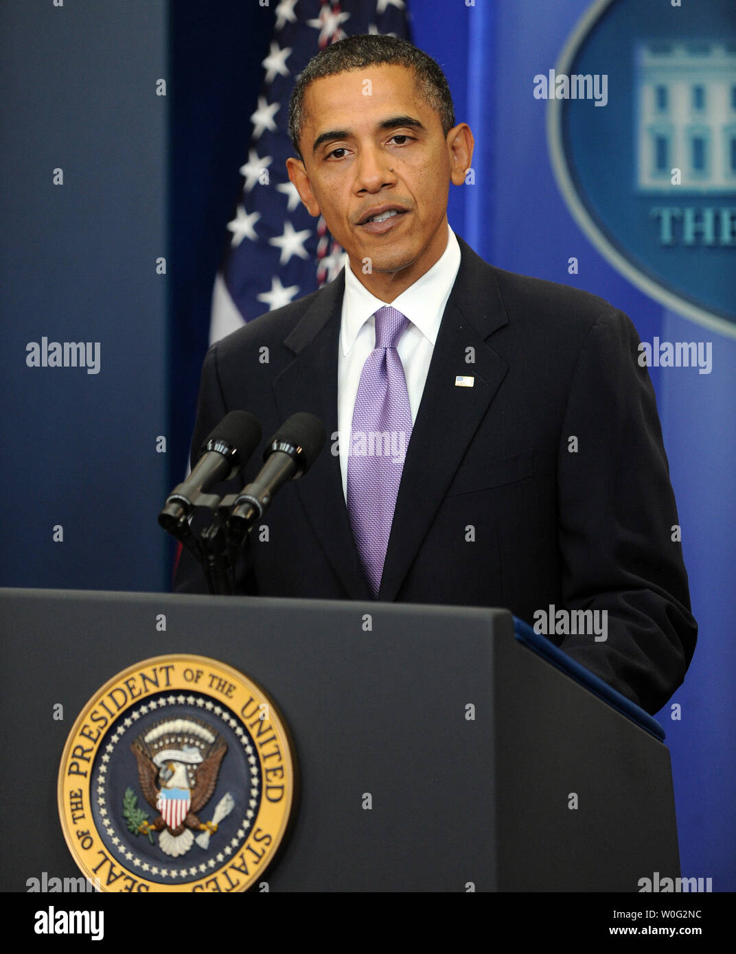 U.S. President Barack Obama makes a statement regarding bomb material found on cargo planes in the Brady Press Briefing Room of the White House in Washington on October 29, 2010.       UPI/Roger L. Wollenberg Stock Photo