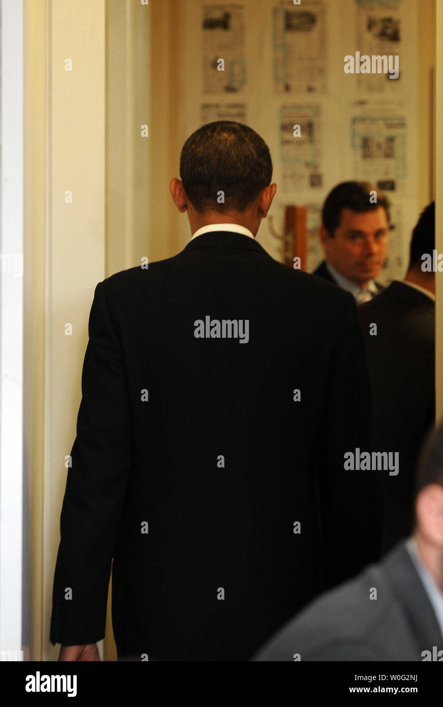 U.S. President Barack Obama departs after making a statement regarding bomb material found on cargo planes in the Brady Press Briefing Room of the White House in Washington on October 29, 2010.       UPI/Roger L. Wollenberg Stock Photo