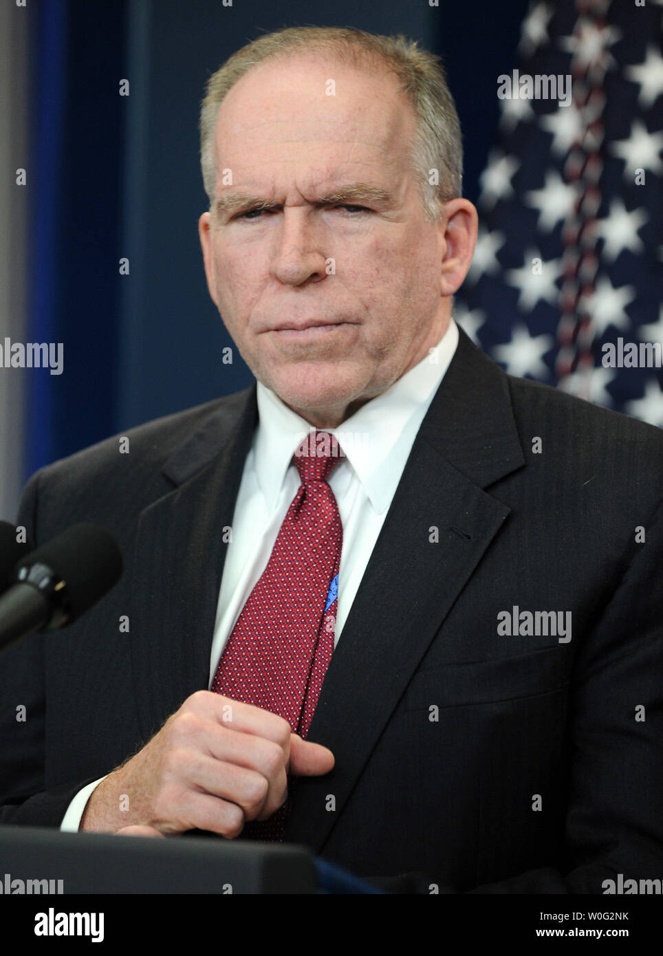 Assistant to the President for Homeland Security and Counterterrorism John Brennan discusses bomb material found on cargo planes in the Brady Press Briefing Room of the White House in Washington on October 29, 2010.       UPI/Roger L. Wollenberg Stock Photo