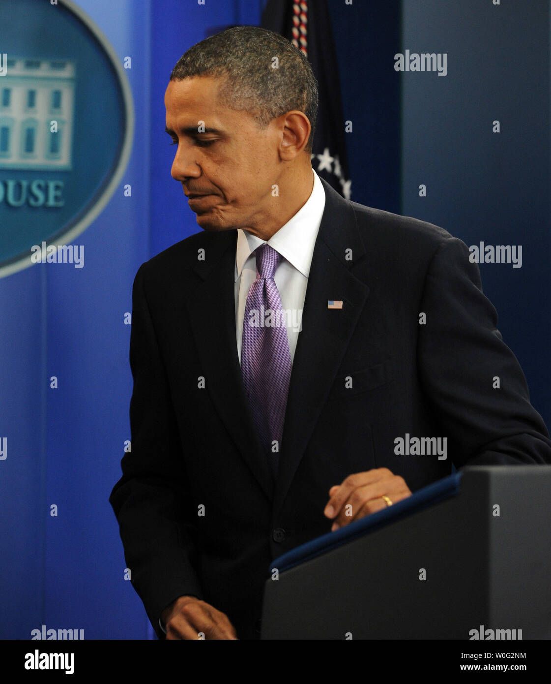 U.S. President Barack Obama departs after making a statement regarding bomb material found on cargo planes in the Brady Press Briefing Room of the White House in Washington on October 29, 2010.       UPI/Roger L. Wollenberg Stock Photo