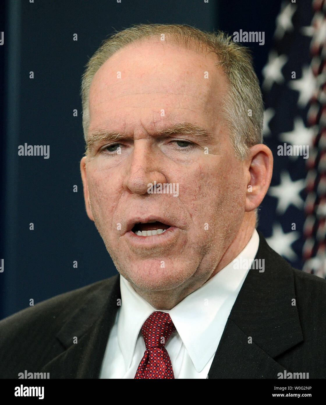 Assistant to the President for Homeland Security and Counterterrorism John Brennan discusses bomb material found on cargo planes in the Brady Press Briefing Room of the White House in Washington on October 29, 2010.       UPI/Roger L. Wollenberg Stock Photo