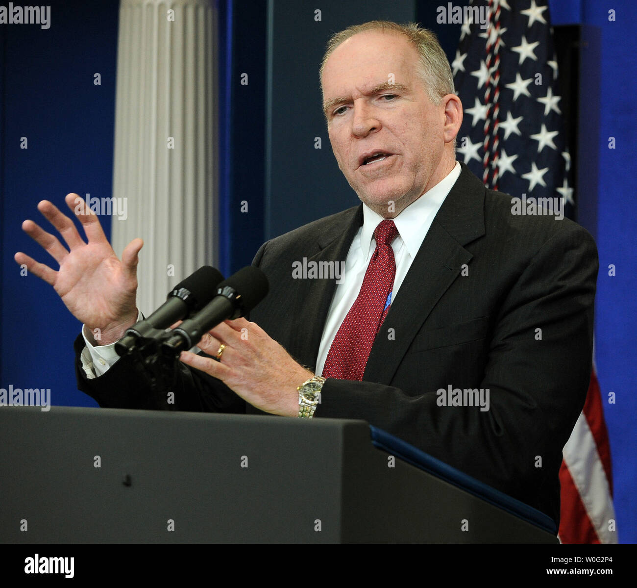 Assistant to the President for Homeland Security and Counterterrorism John Brennan discusses bomb material found on cargo planes in the Brady Press Briefing Room of the White House in Washington on October 29, 2010.       UPI/Roger L. Wollenberg Stock Photo