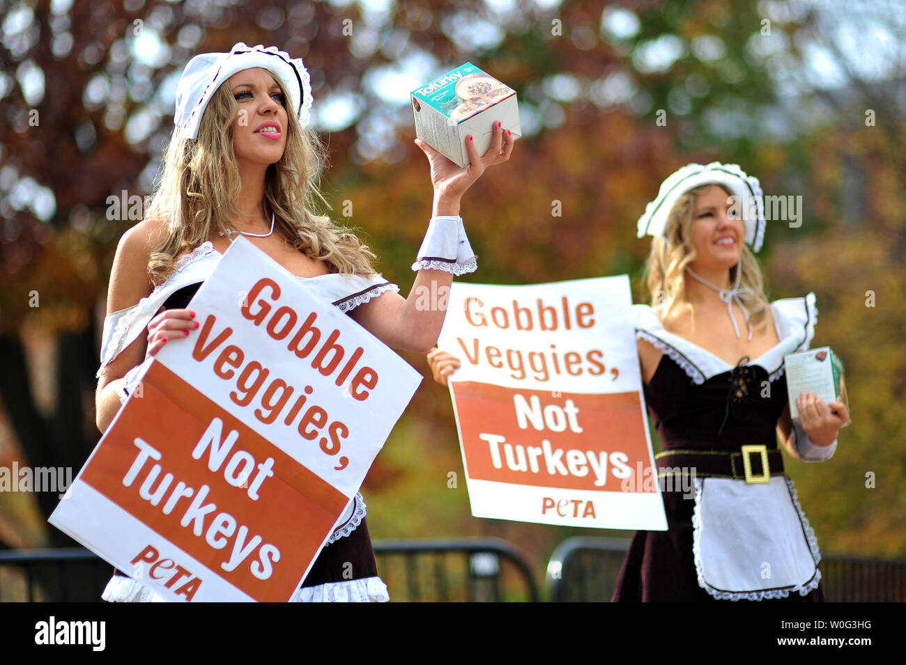 PETA activists Monika Meilleur (L) Laura Chamberlin promote the eating of Tofurky, a tofu substitute to turkey, for Thanksgiving in front of the White House in Washington on November 23, 2010.   UPI/Kevin Dietsch Stock Photo