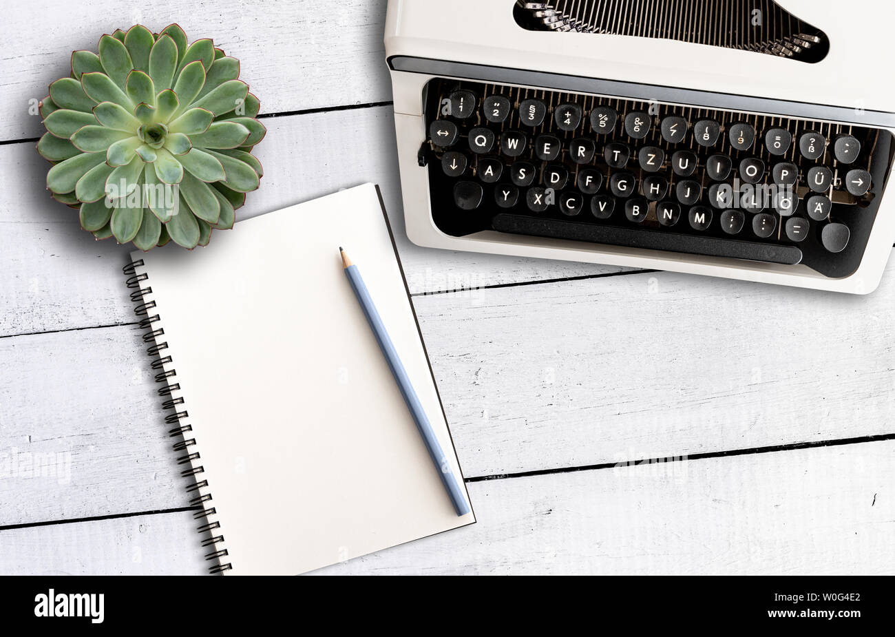 top view of old typewriter, note pad and potted plant on rustic white wooden desk Stock Photo