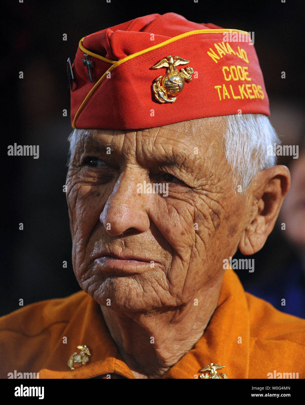 A Navajo Code Talker and former U.S. Marine looks on as U.S. President Barack Obama speaks to the White House Tribal Nations Conference at the Department of the Interior in Washington on December 16, 2010.     UPI/Roger L. Wollenberg Stock Photo
